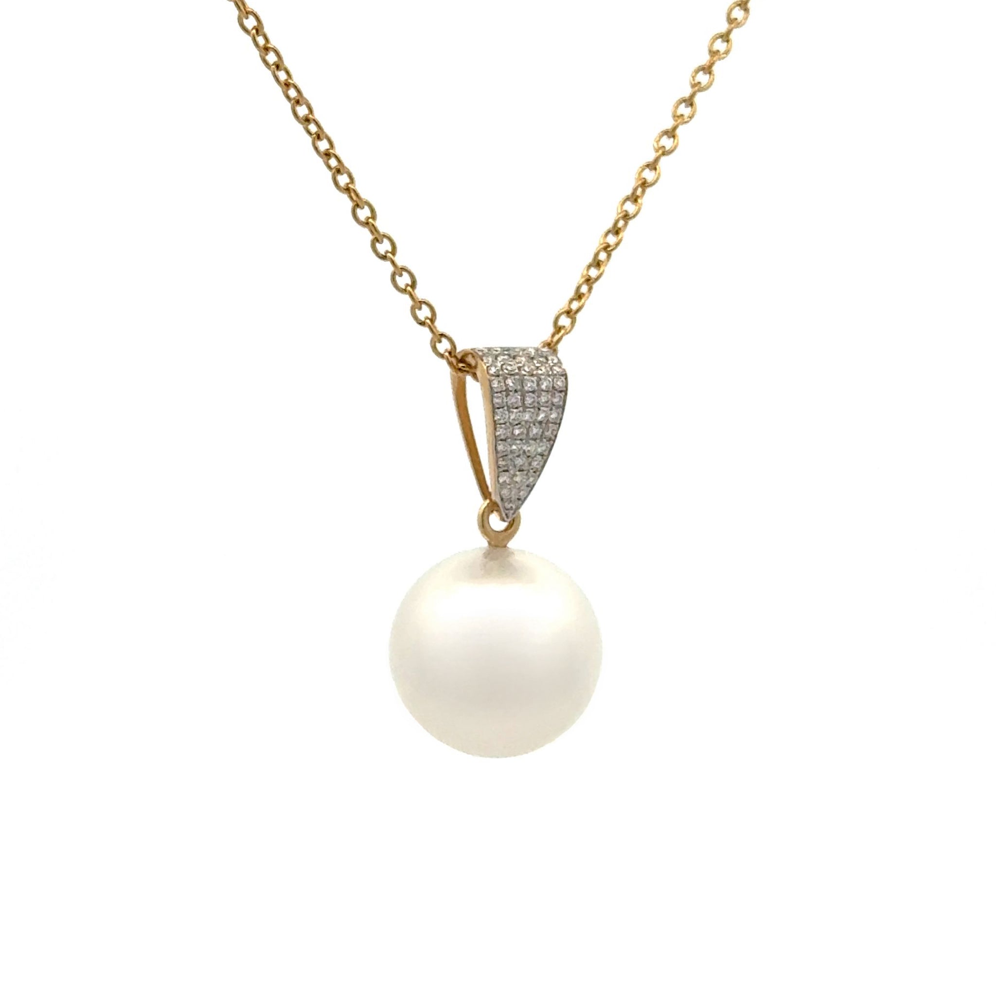 18K Yellow Gold Australian South Sea 14-15mm Cultured Pearl and Diamond Pendant side view