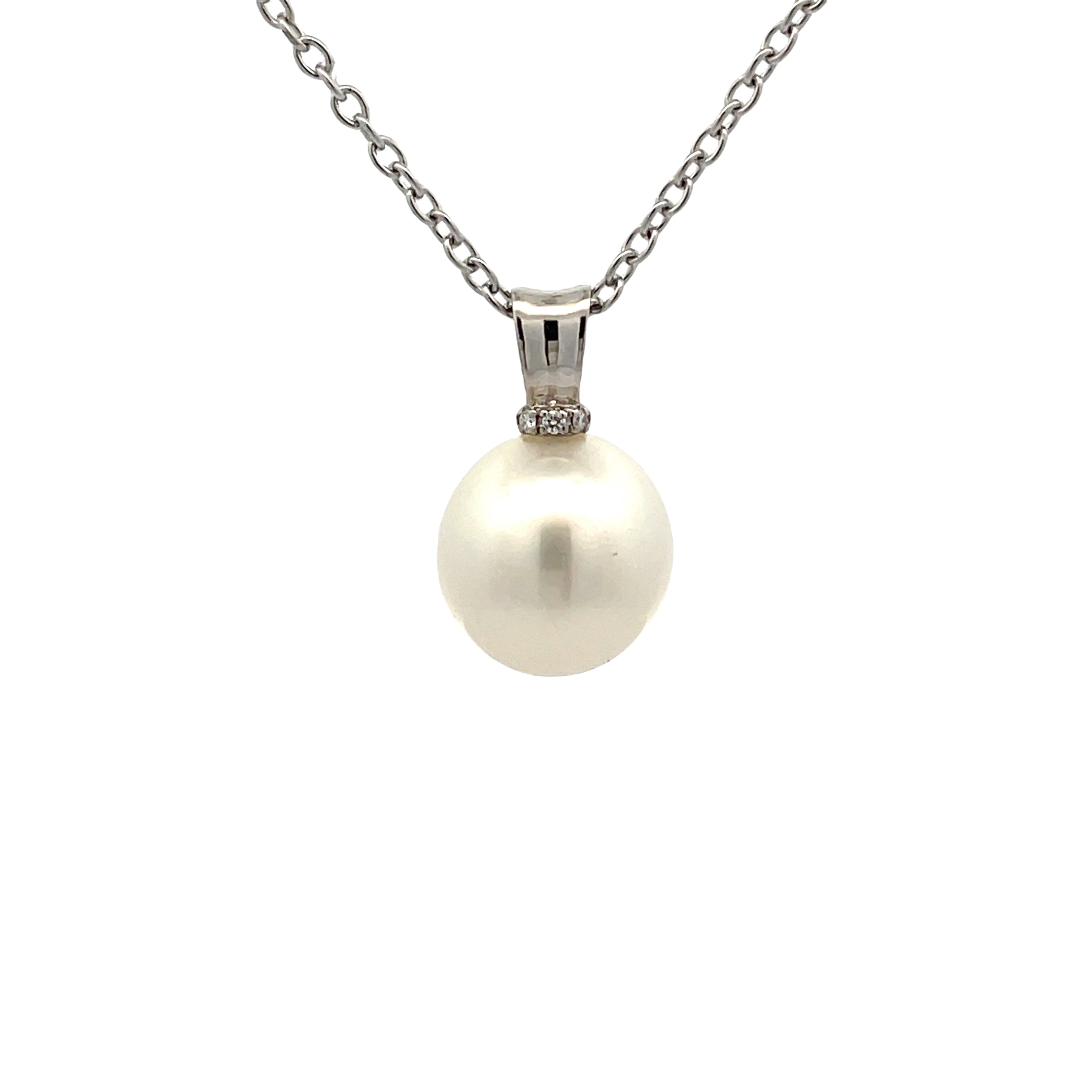 18K White Gold Australian South Sea Cultured 10 -11mm Pearl and Diamond Pendant