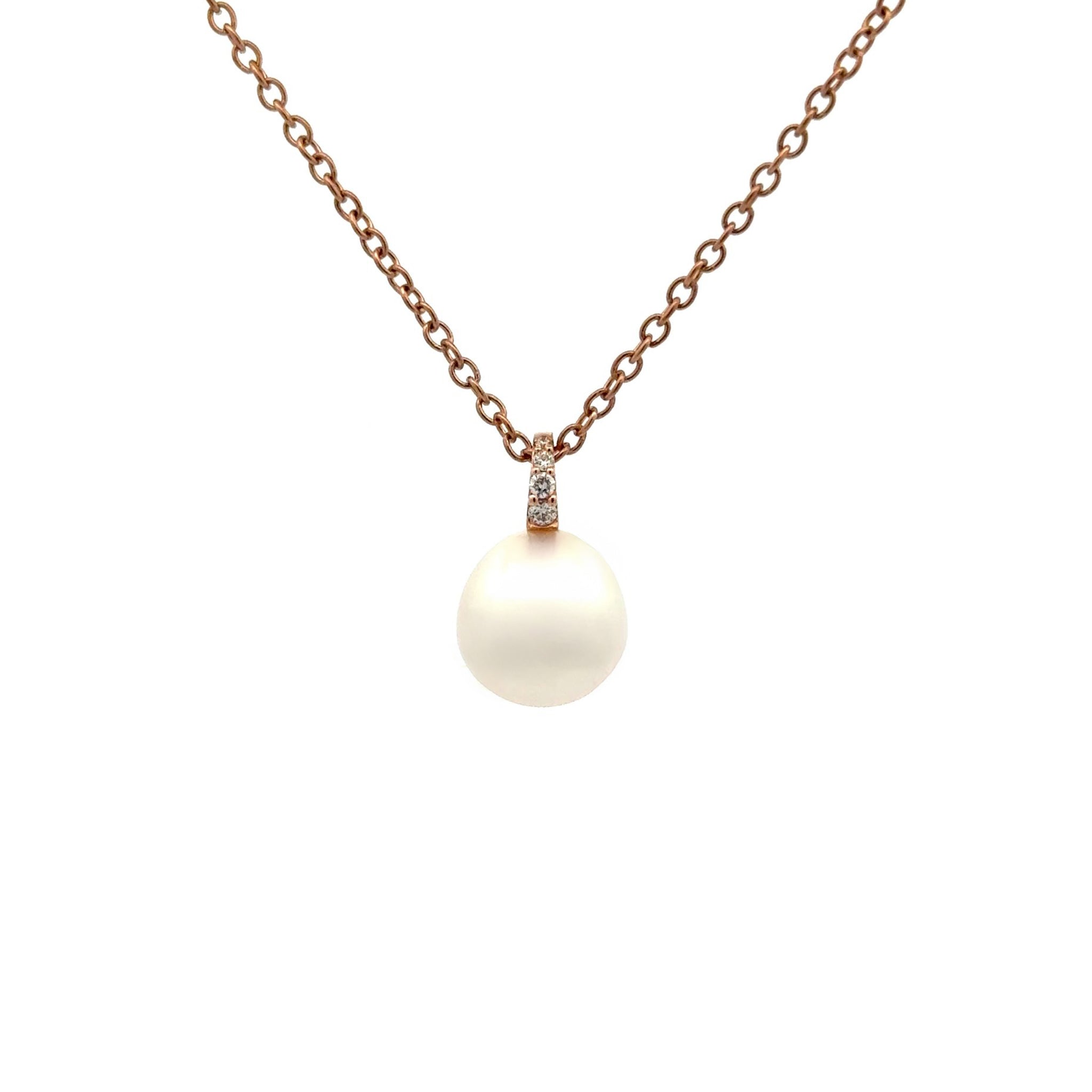 18K Rose Gold Australian South Sea Cultured 10-11mm Pearl and Diamond Pendant front view