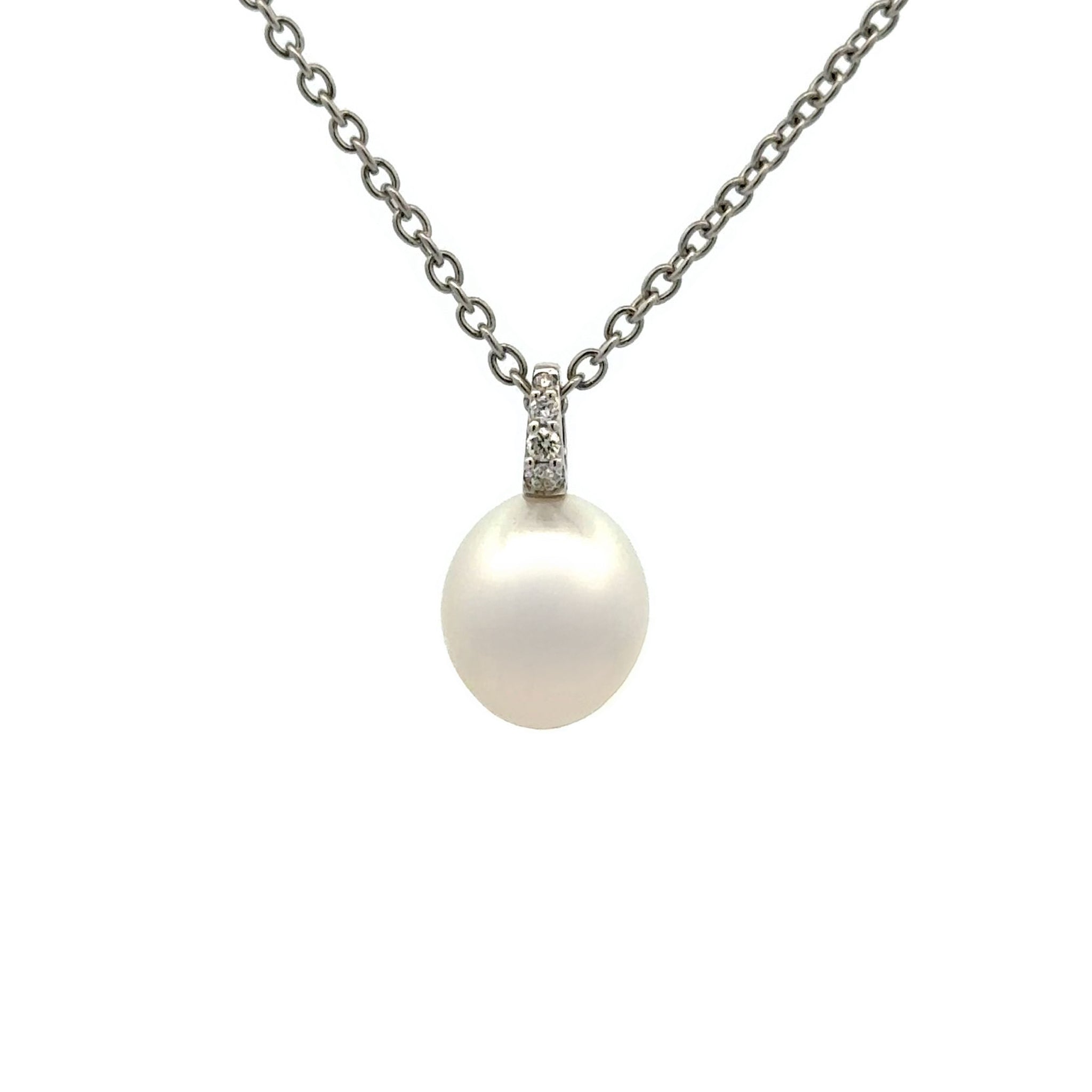 18K White Gold Australian South Sea 9-10 mm Pearl Diamond Pendant front view