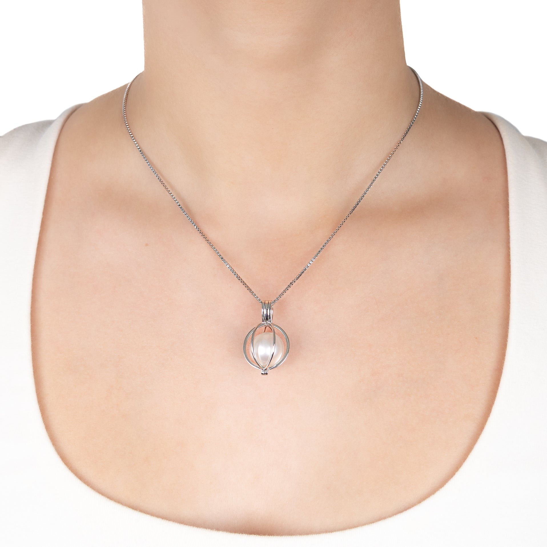 Sterling Silver Australian South Sea Cultured 12-13 mm Pearl Large Cage Pendant on a model