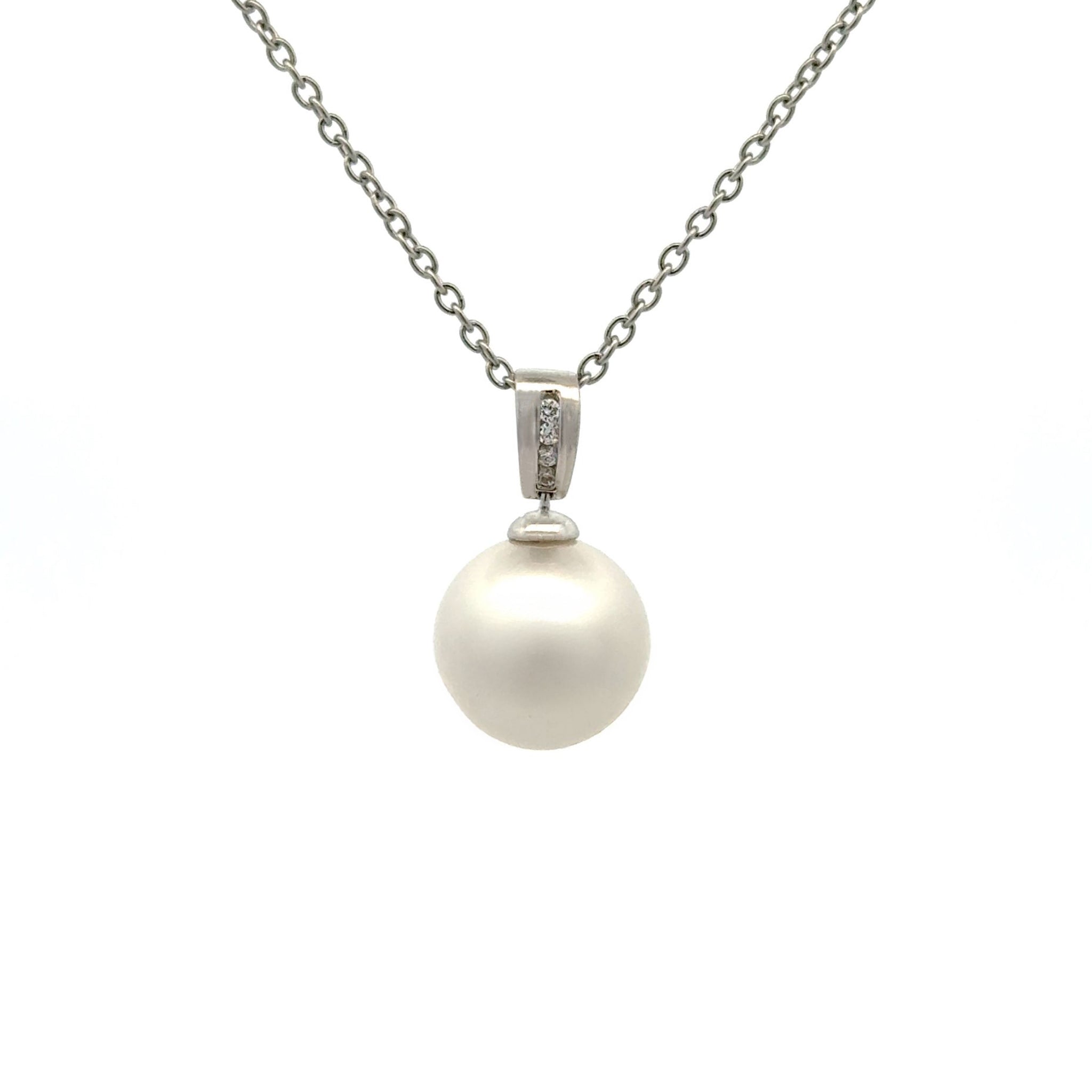 18K White Gold Australian South Sea 12-13mm Cultured Pearl and Diamond Pendant front view