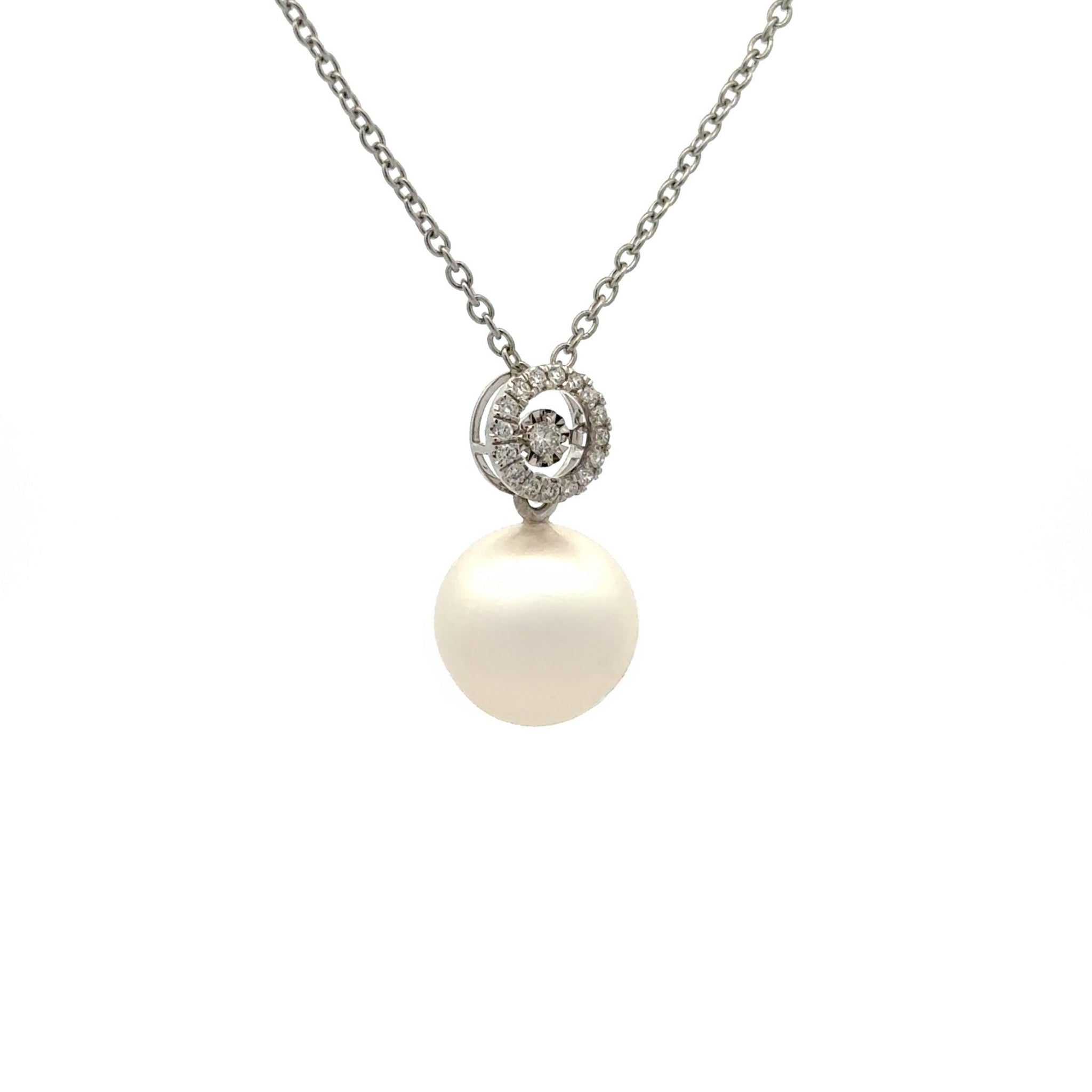 18K White Gold Australian South Sea 13-14mm Cultured Pearl and Diamond Pendant side view