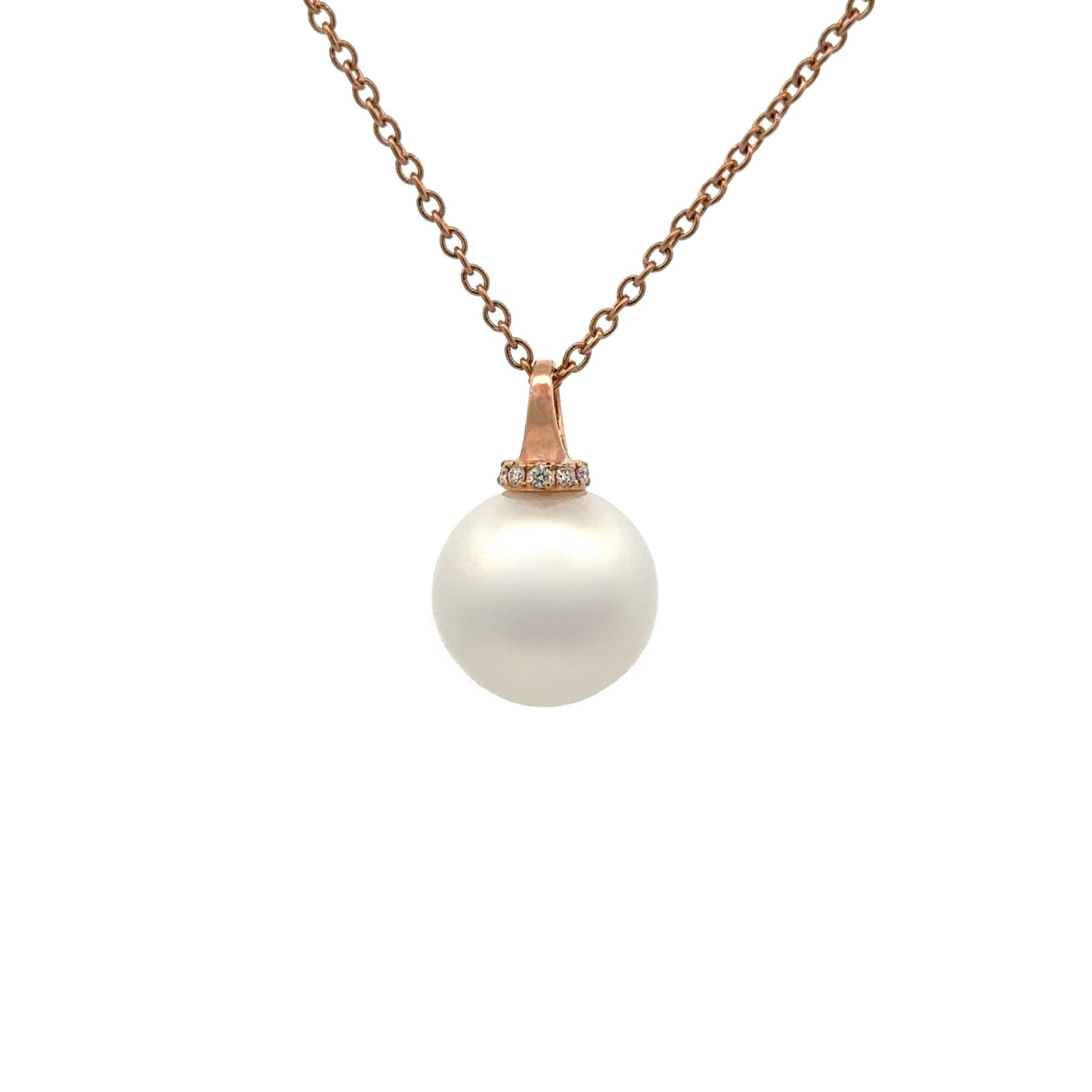 18K Rose Gold Australian South Sea 13-14mm Cultured Pearl and Diamond Pendant front view
