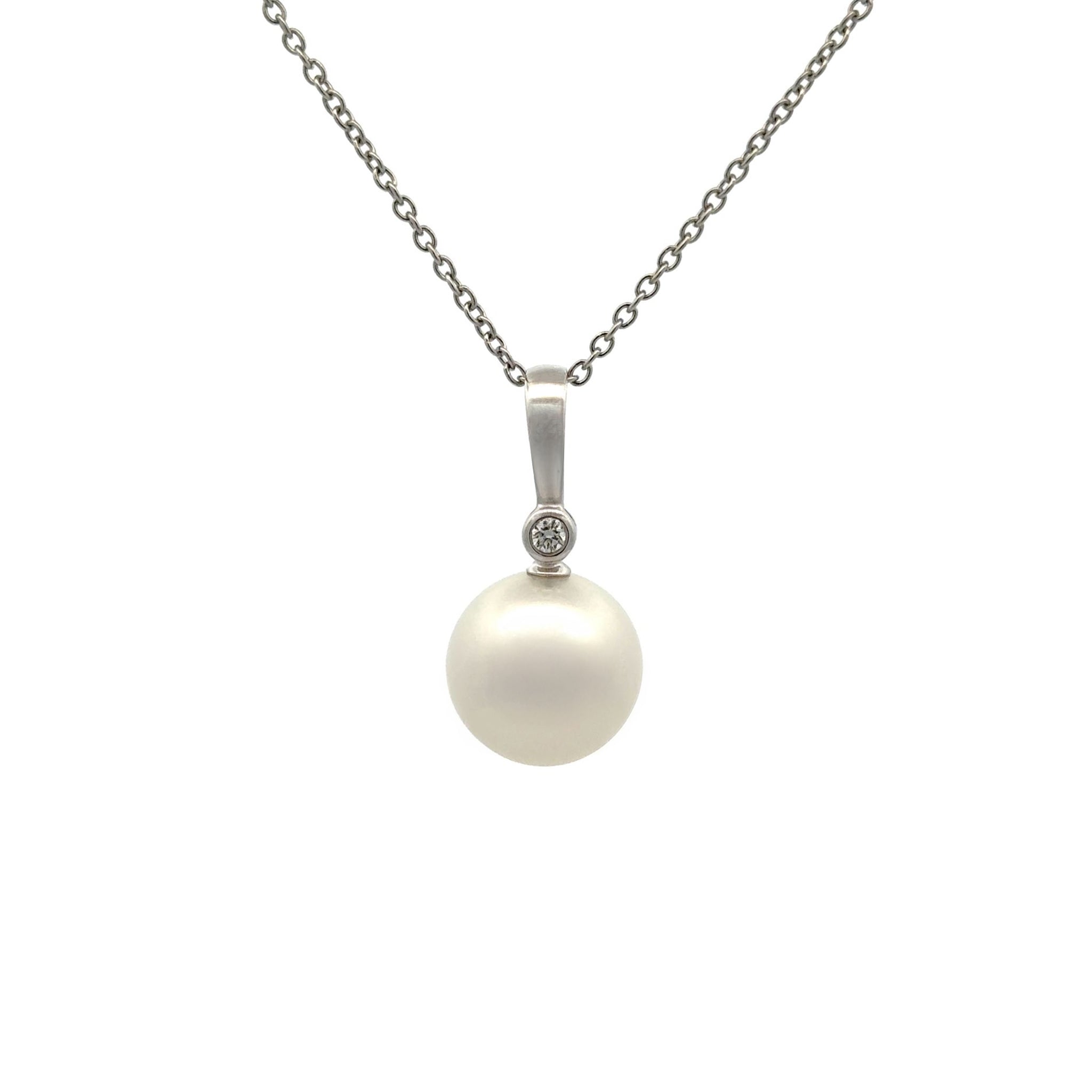 18K White Gold Australian South Sea 13-14mm Cultured Pearl and Diamond Pendant front view