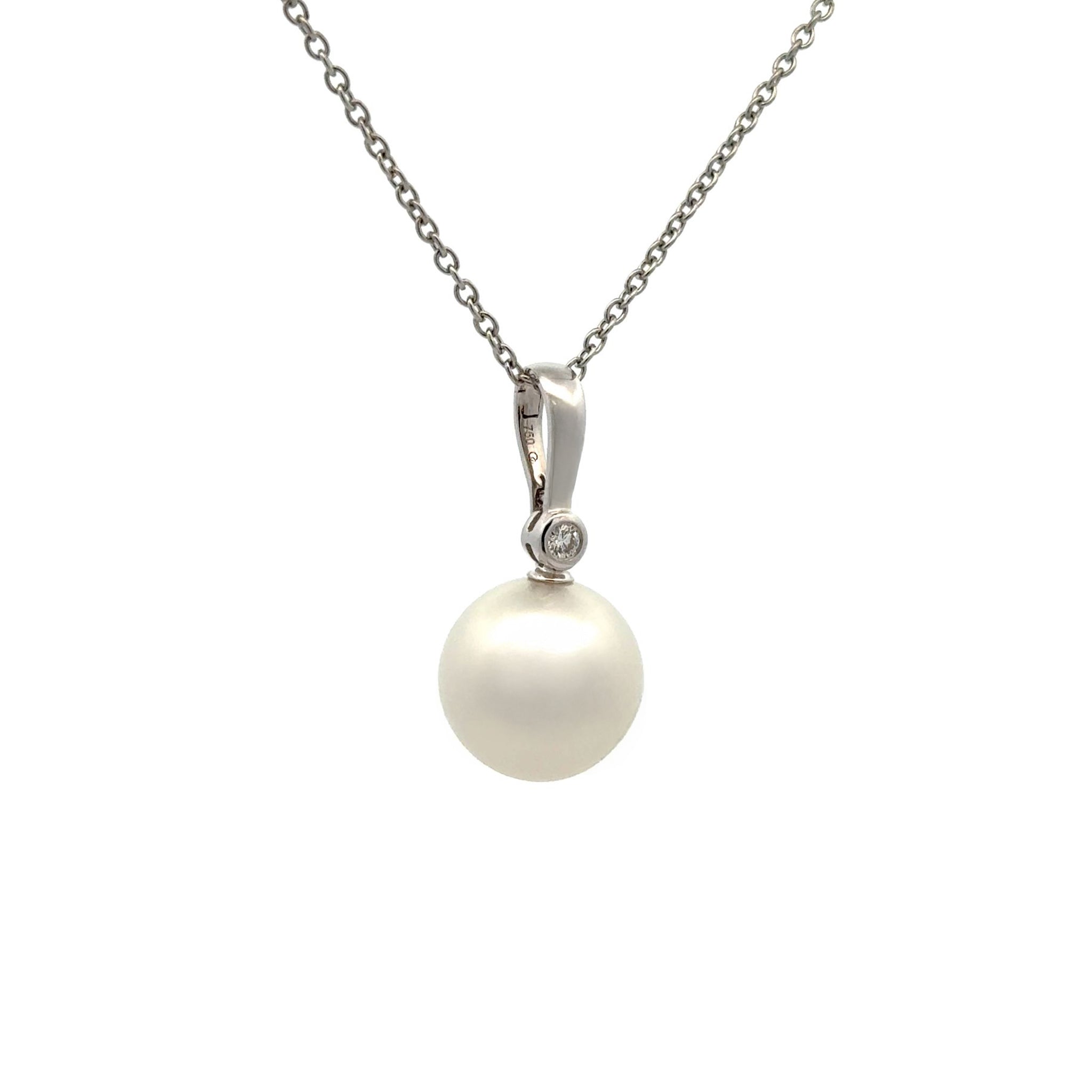 18K White Gold Australian South Sea 13-14mm Cultured Pearl and Diamond Pendant side view