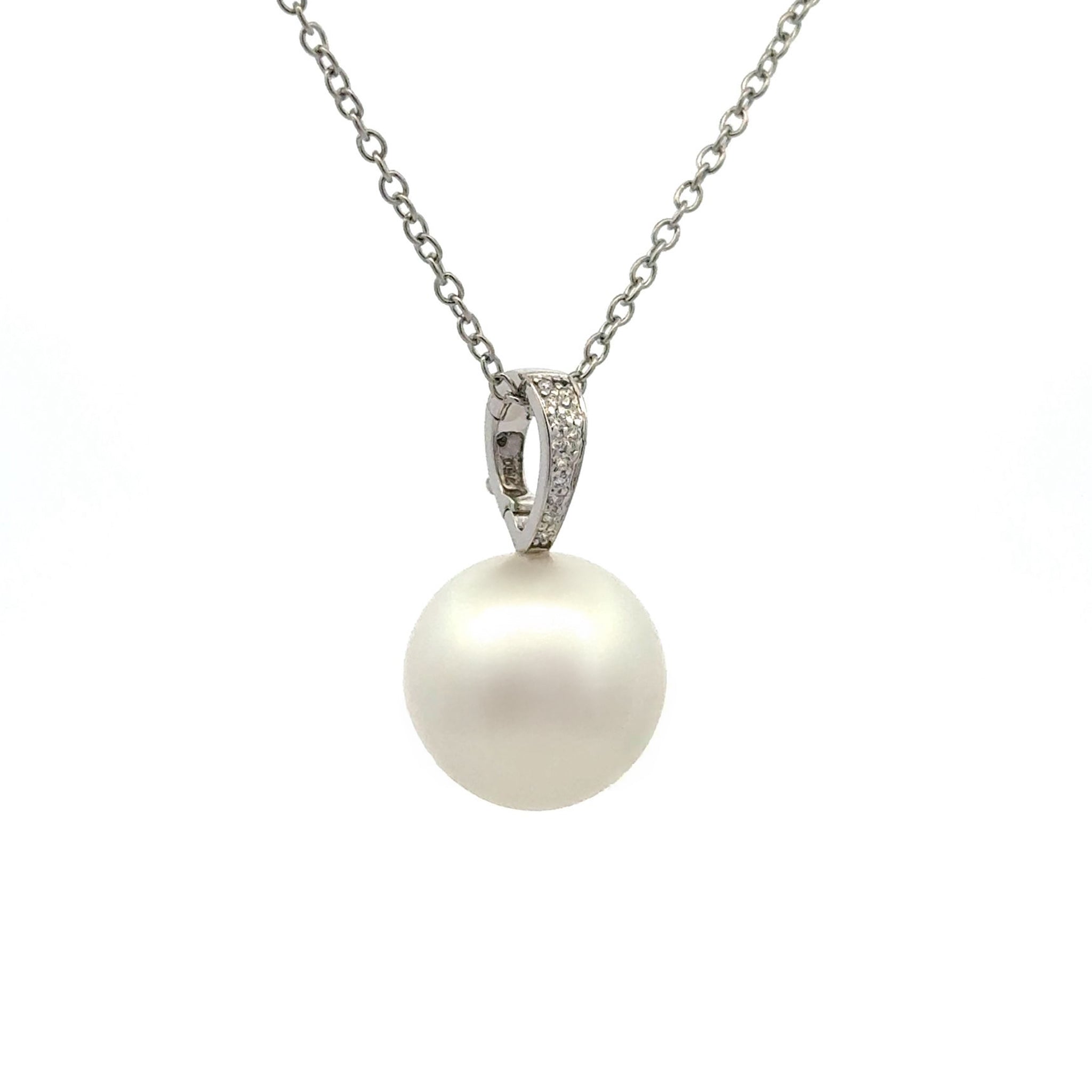 18K White Gold Australian South Sea 15-16mm Cultured Pearl and Diamond Pendant side view