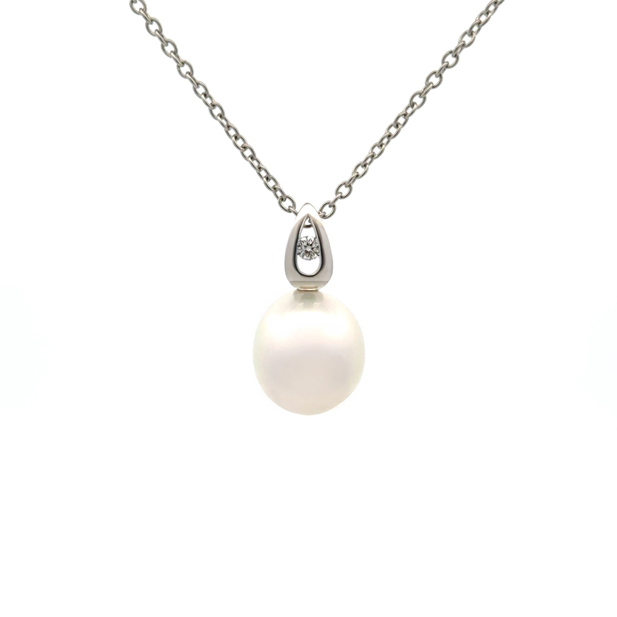 18K White Gold Australian South Sea 11-12mm Cultured Pearl and Diamond Pendant front view