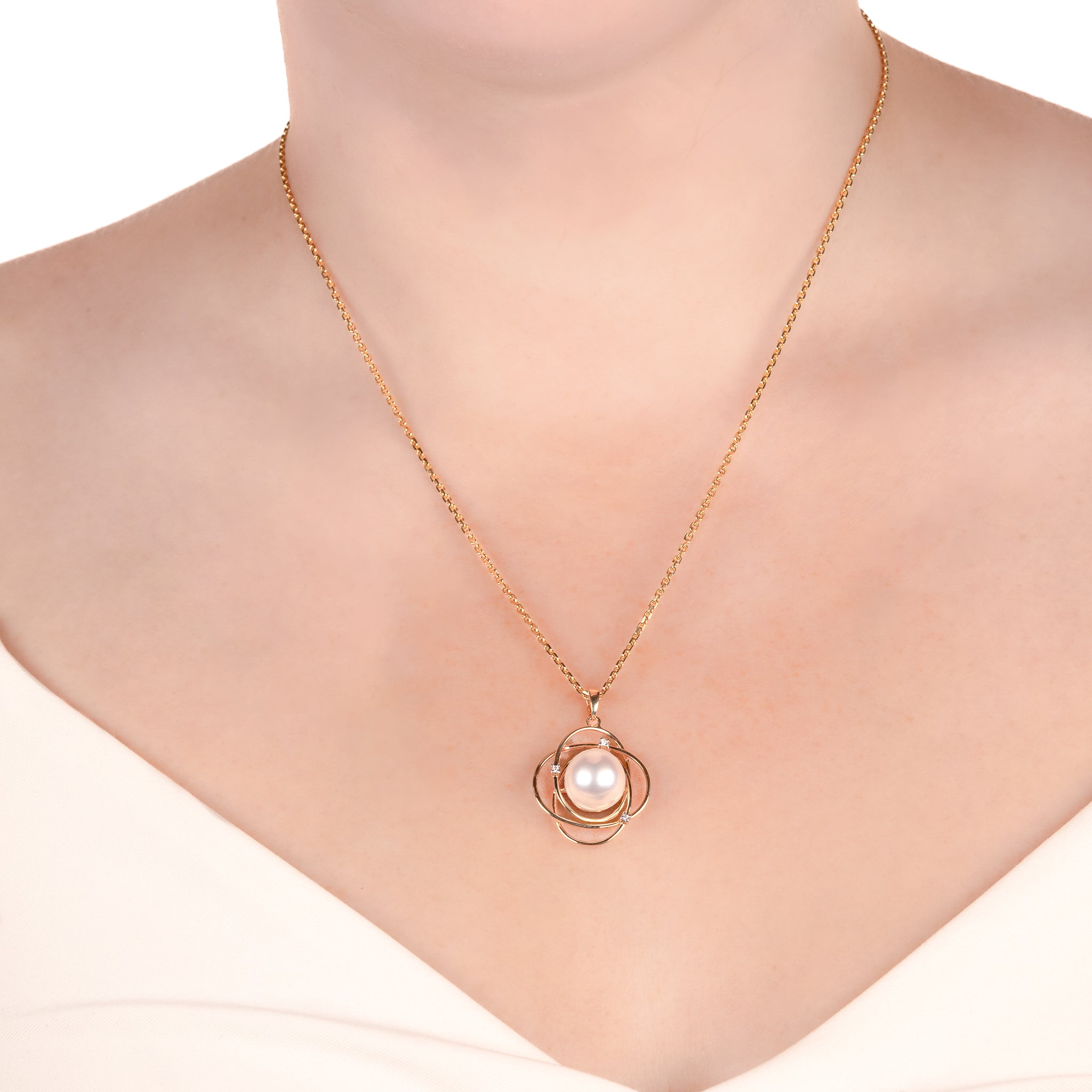18K Yellow Gold Australian South Sea 10-11mm Cultured Pearl and Diamond Pendant on a model