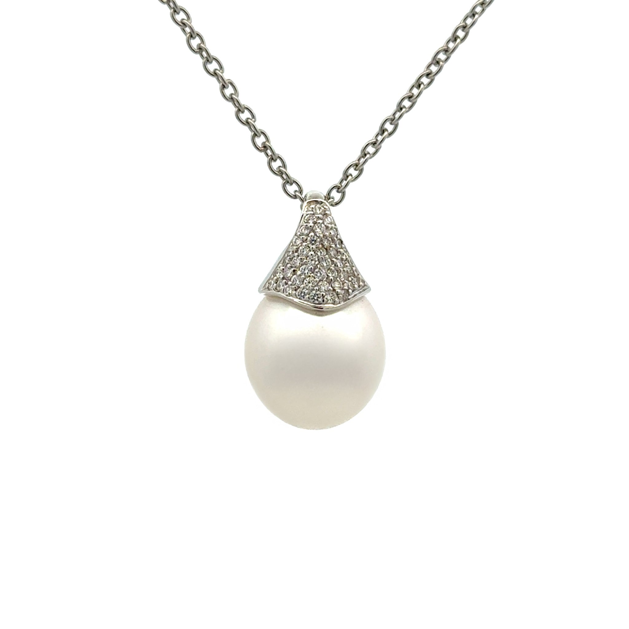 18K White Gold Australian South Sea 12-13mm Cultured Pearl and Diamond Pendant front view