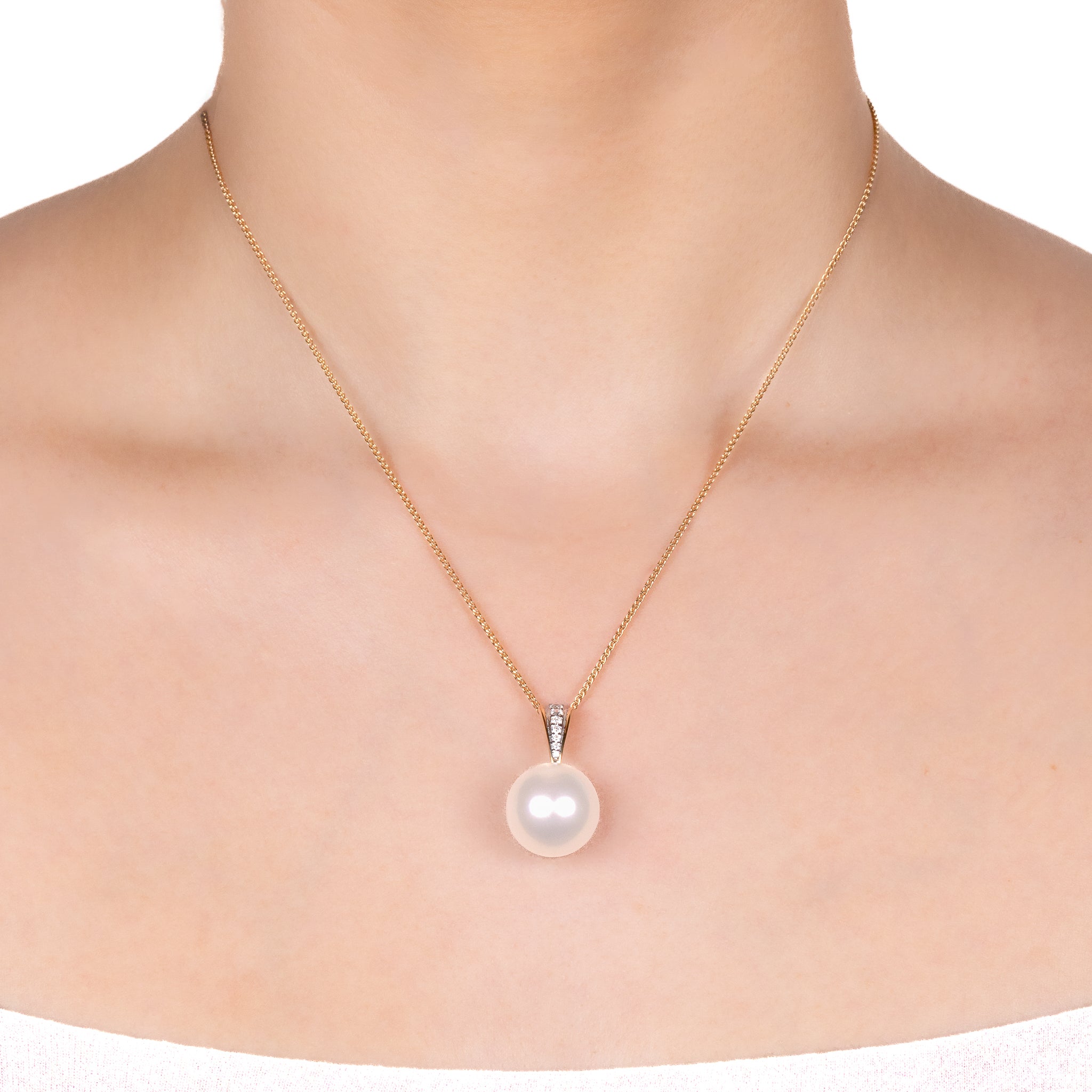 18K Yellow Gold Australian South Sea 15-16 mm Cultured Pearl and Diamond Pendant on a model