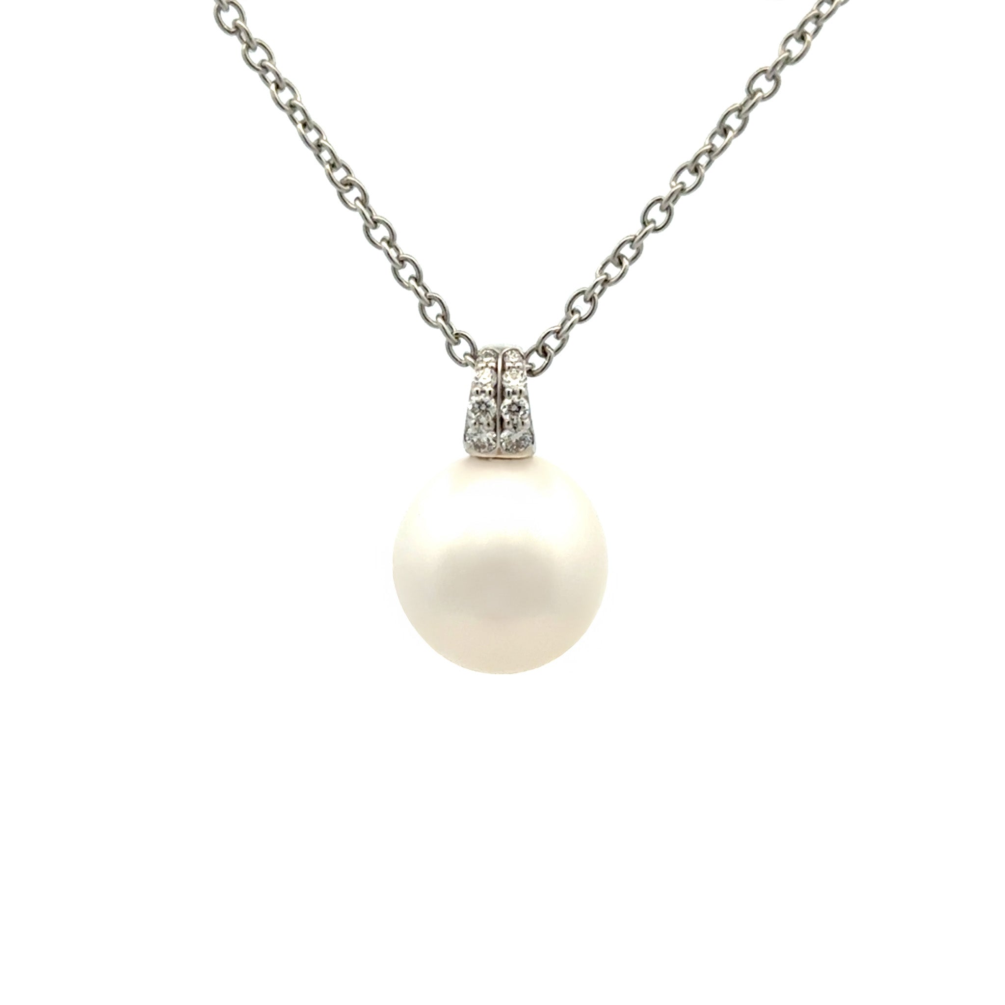 18K White Gold Australian South Sea 11-12 mm Cultured Pearl and Diamond Pendant front view