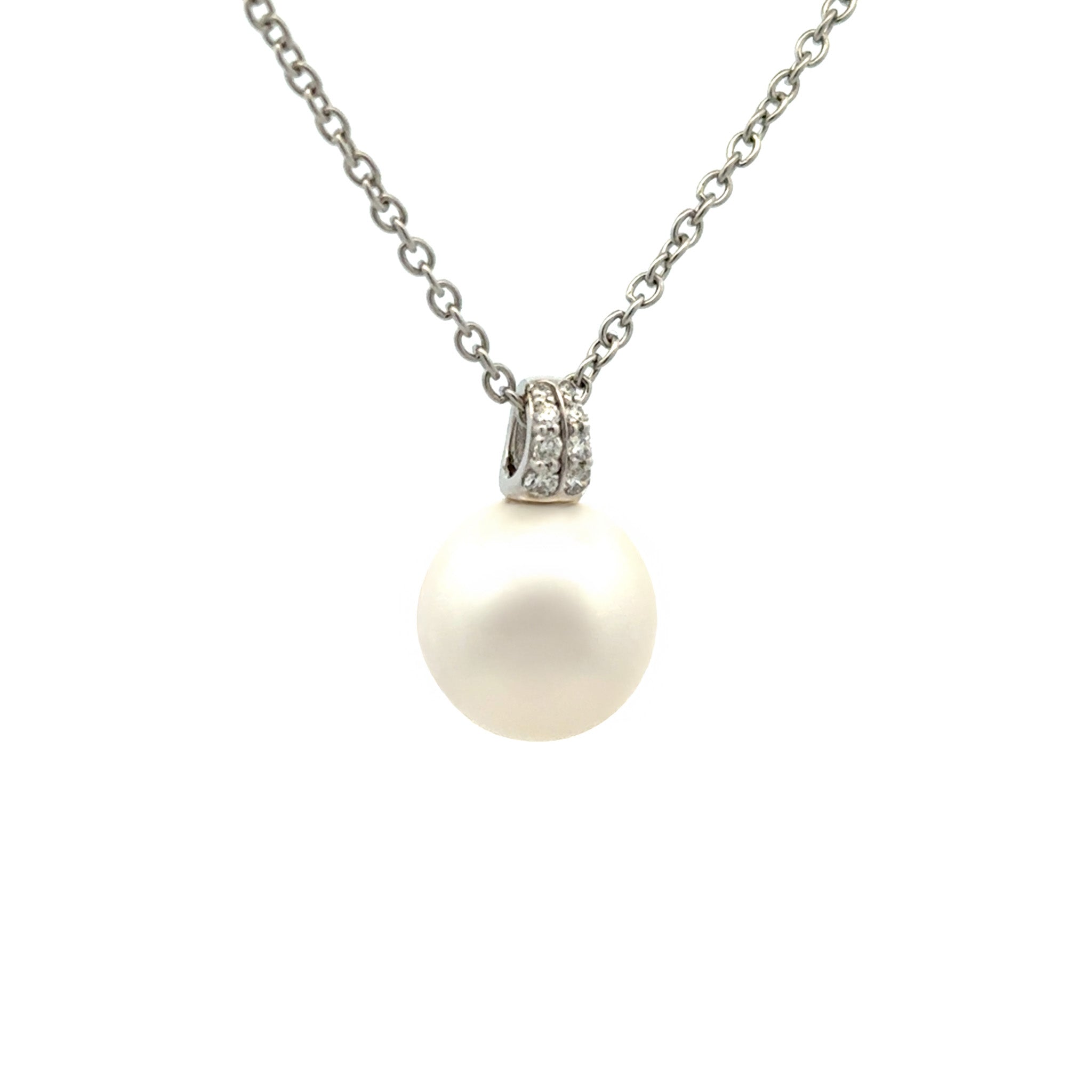18K White Gold Australian South Sea 11-12 mm Cultured Pearl and Diamond Pendant side view
