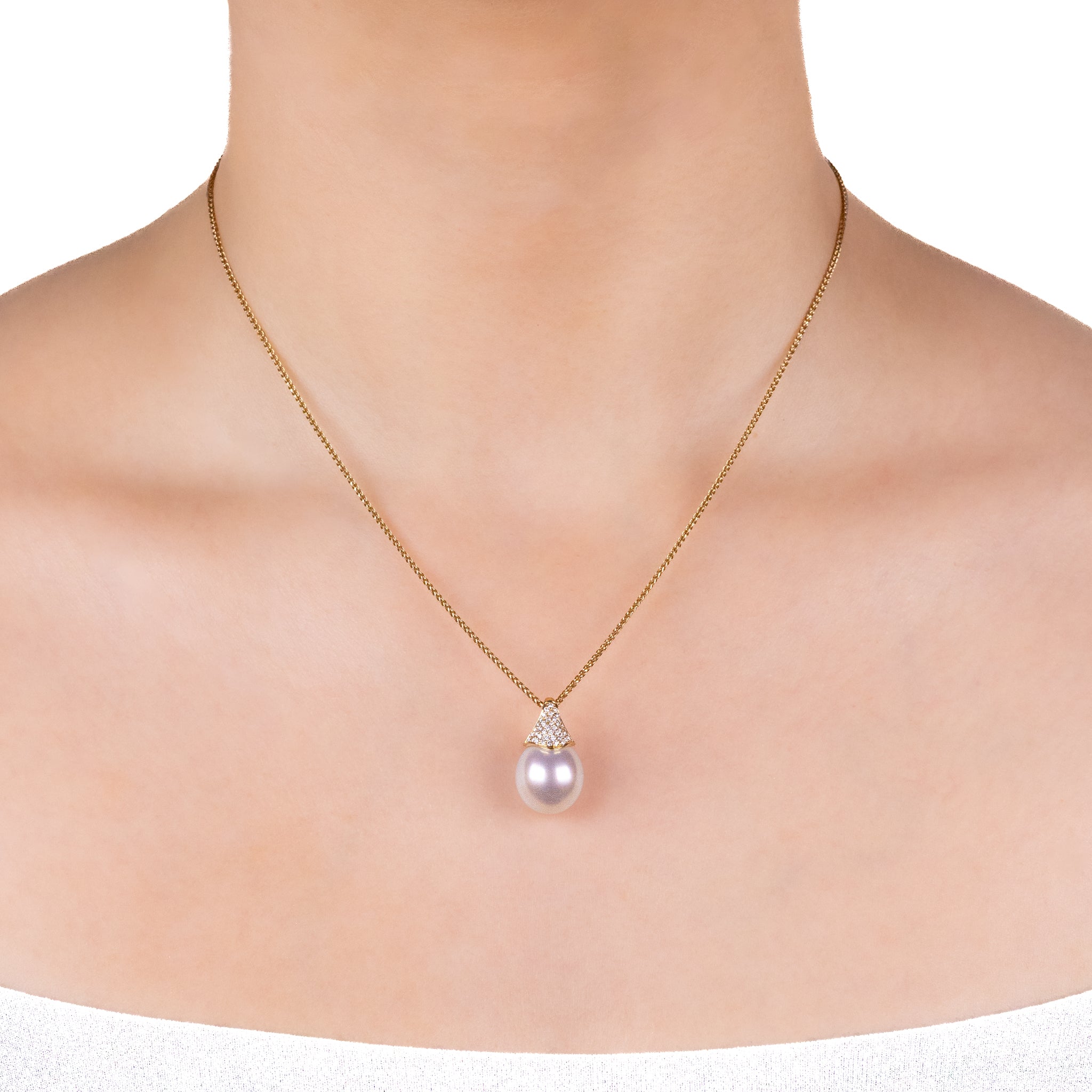 18K Yellow Gold Australian South Sea 12-13 mm Cultured Pearl and Diamond Pendant worn on a model