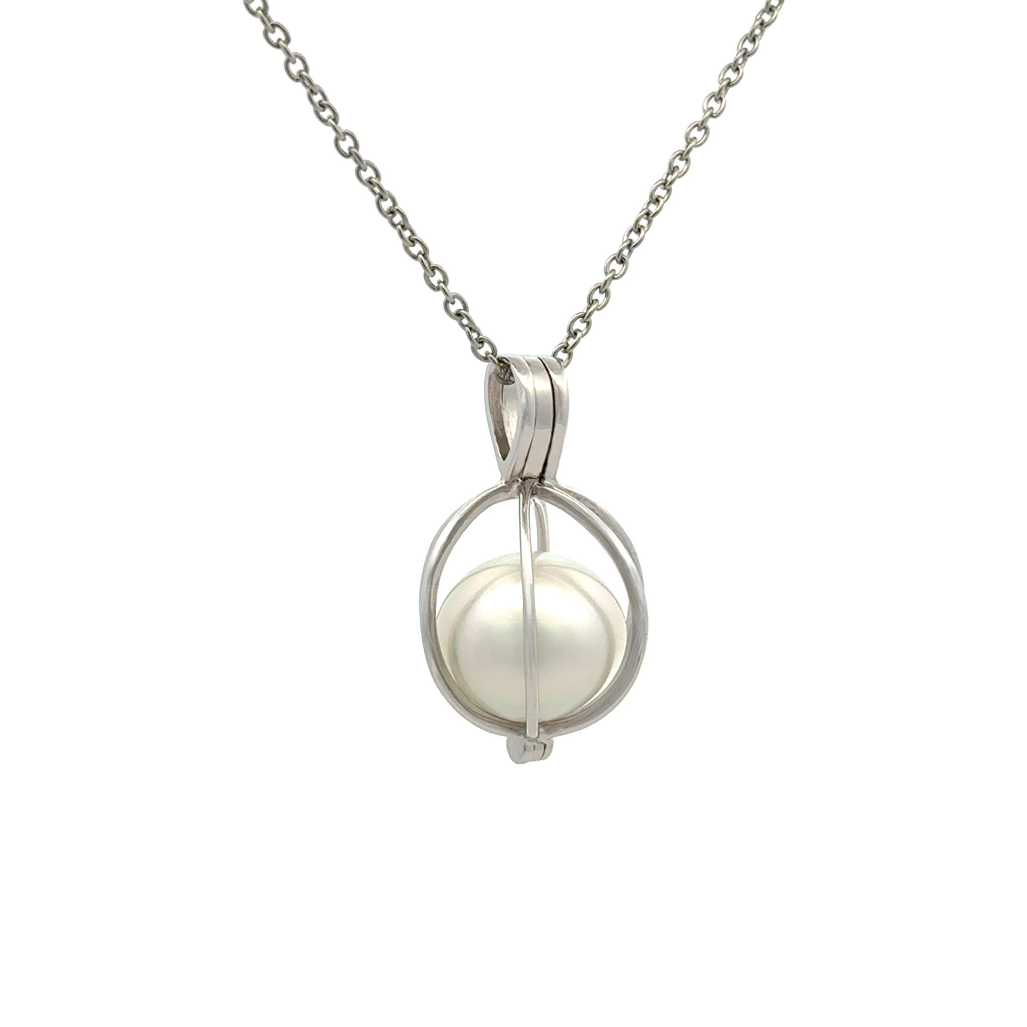 Sterling Silver Australian South Sea Cultured 13-14 mm Pearl Large Cage Pendant side view on a white background