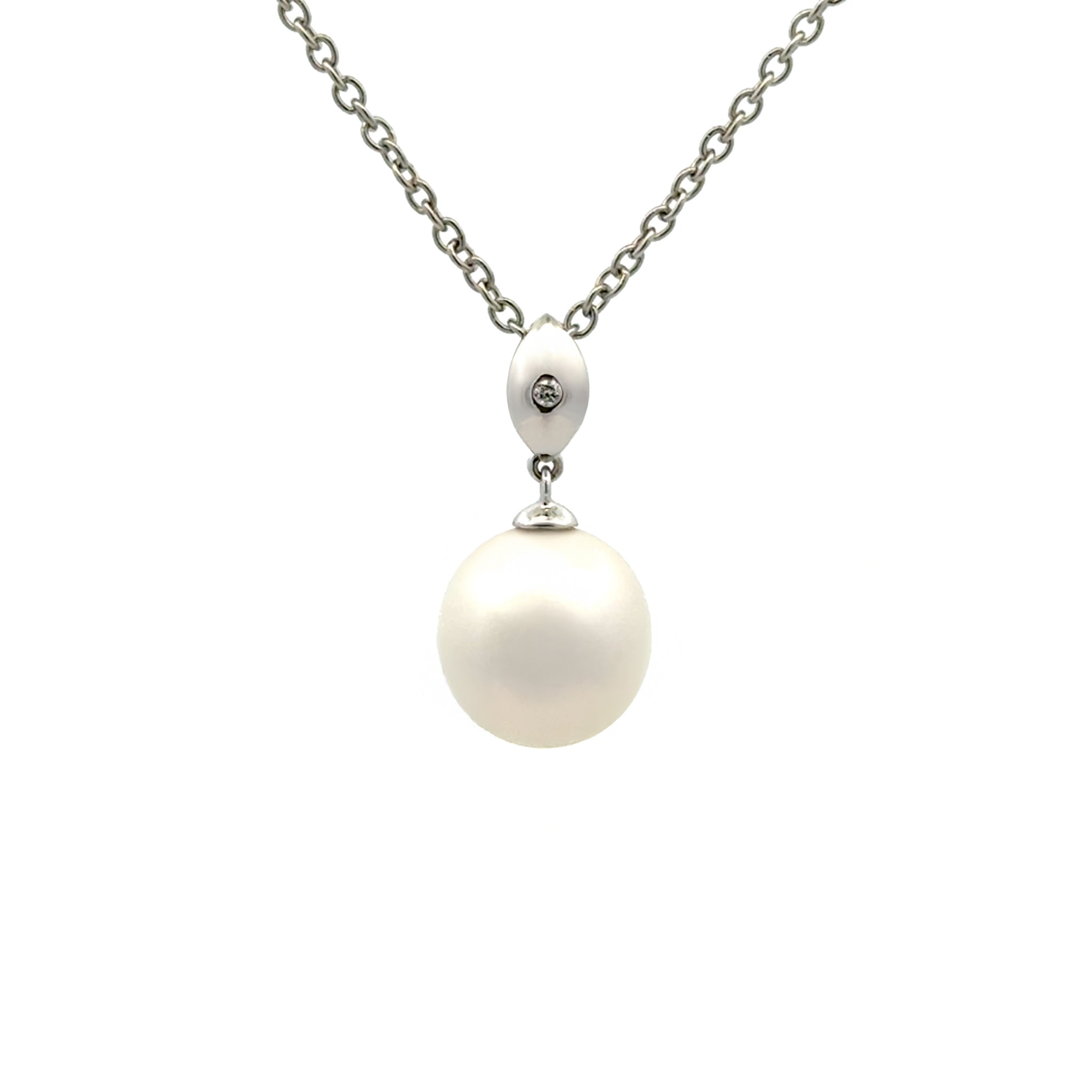 18K White Gold Australian South Sea 10-11 mm Cultured Pearl and Diamond Pendant front view
