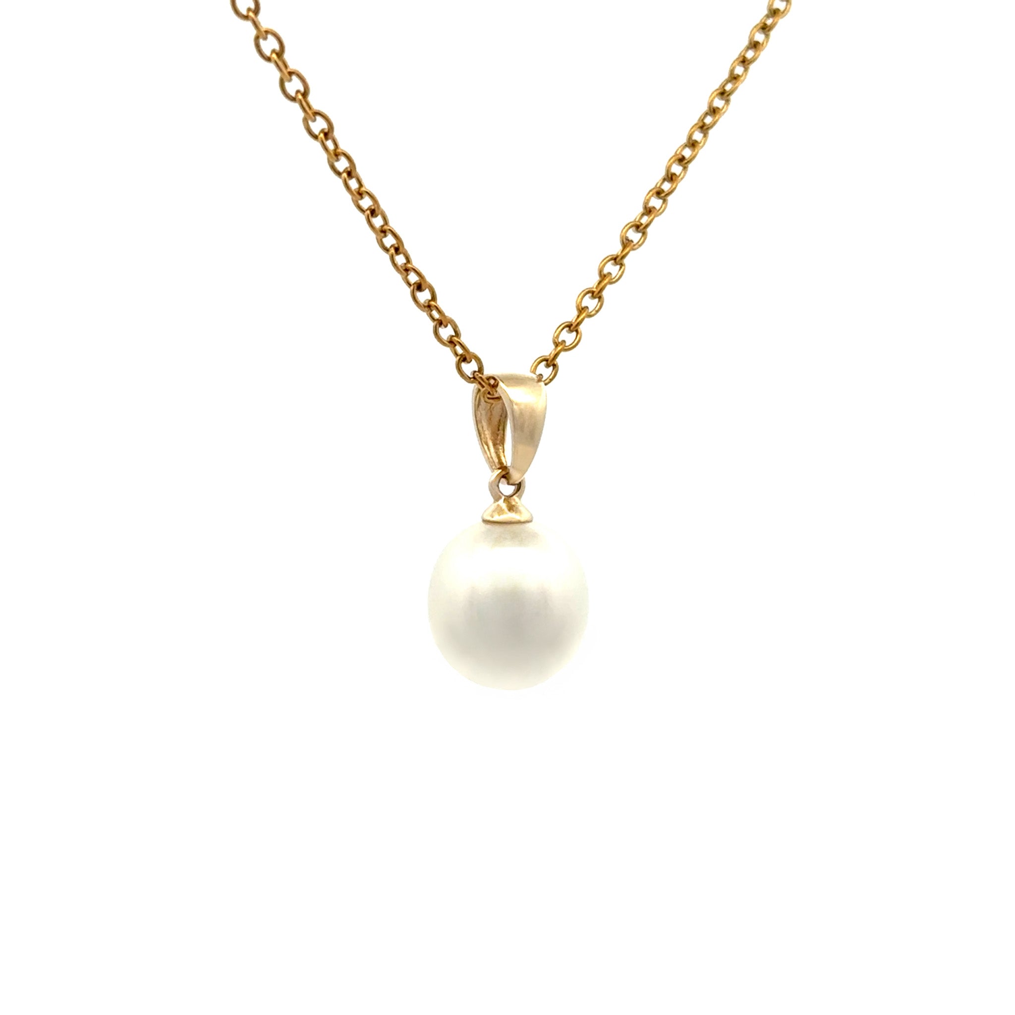 9K Yellow Gold Australian South Sea 9-10 mm Cultured Pearl Pendant side view on white background