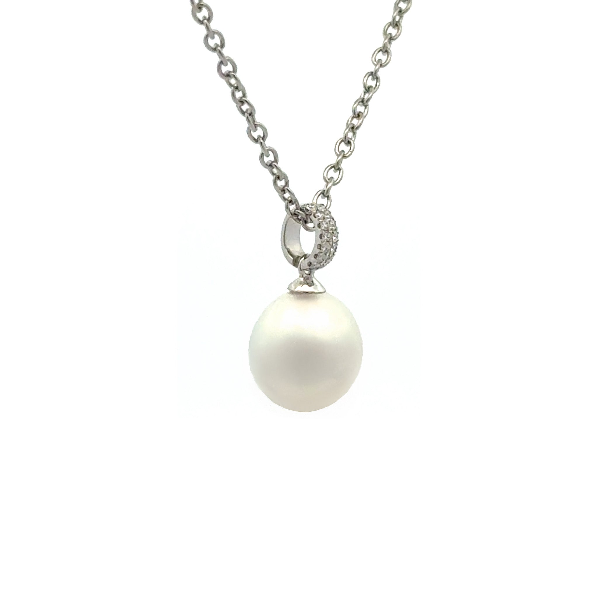 18K White Gold Australian South Sea 9-10 mm Cultured Pearl and Diamond Pendant side view