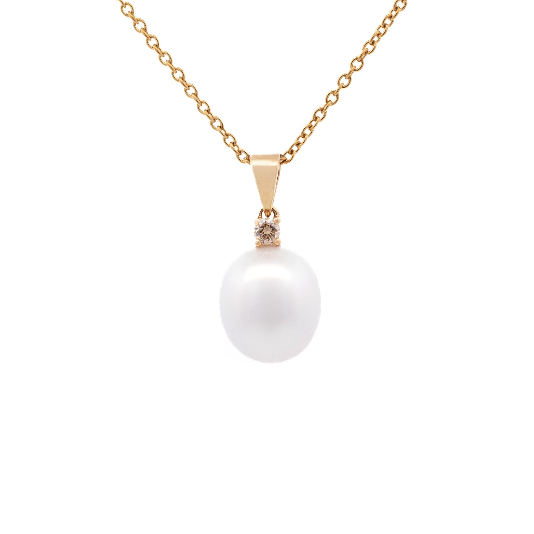 9K Yellow Gold Australian South Sea 11-12 mm Cultured Pearl & Diamond Pendant front view
