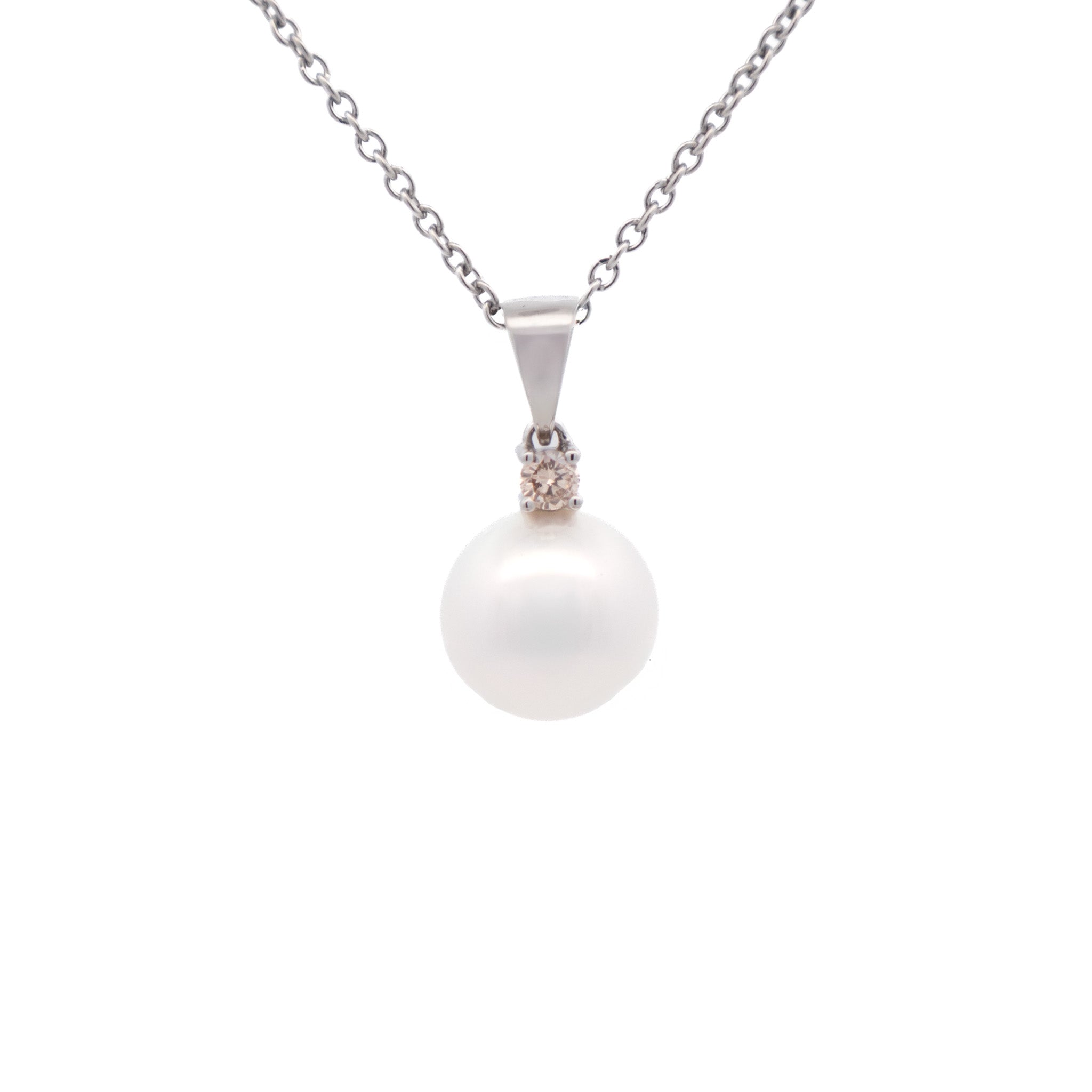 9K White Gold Australian South Sea 11-12 mm Cultured Pearl & Diamond Pendant front view