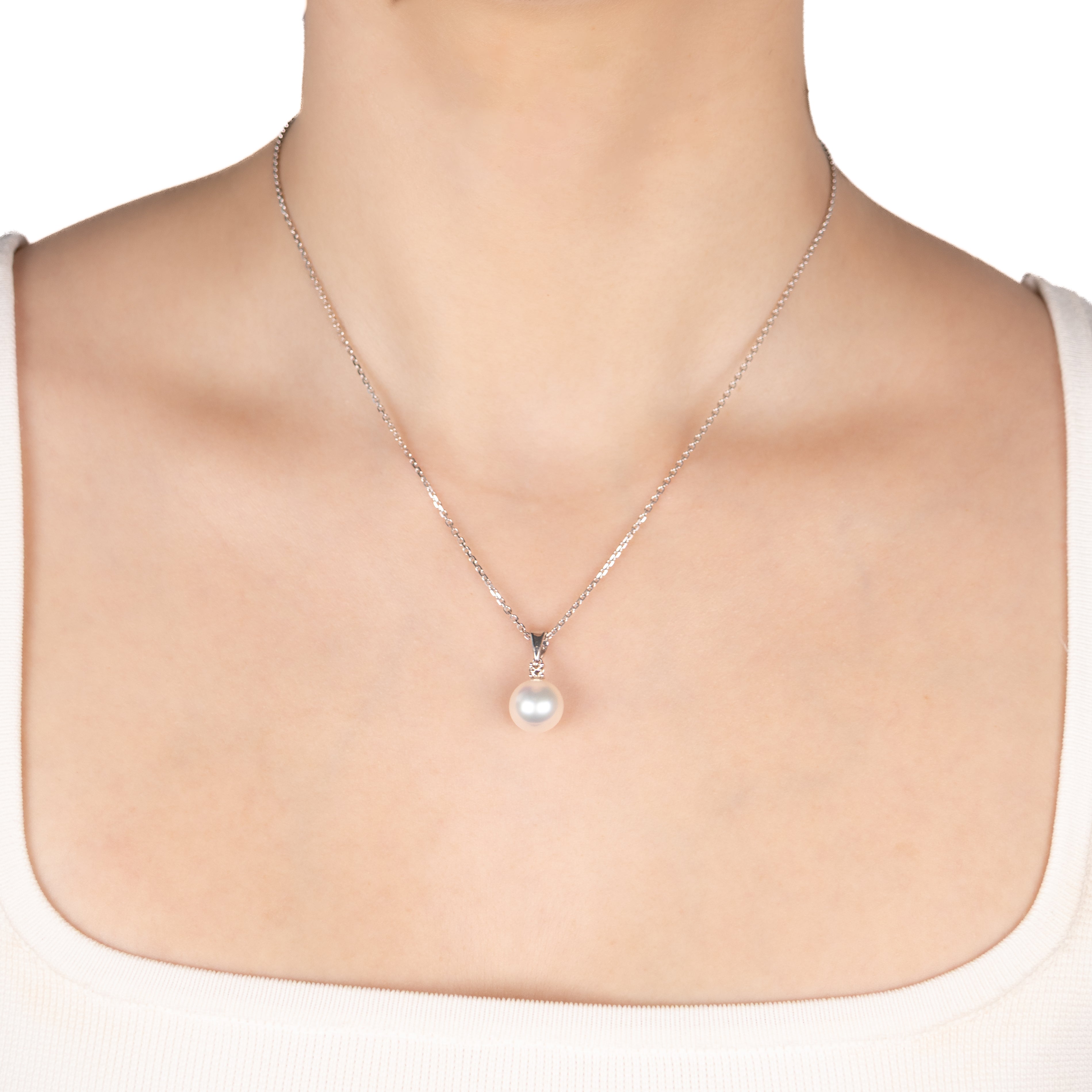 9K White Gold Australian South Sea 11-12 mm Cultured Pearl and Diamond Pendant on a model