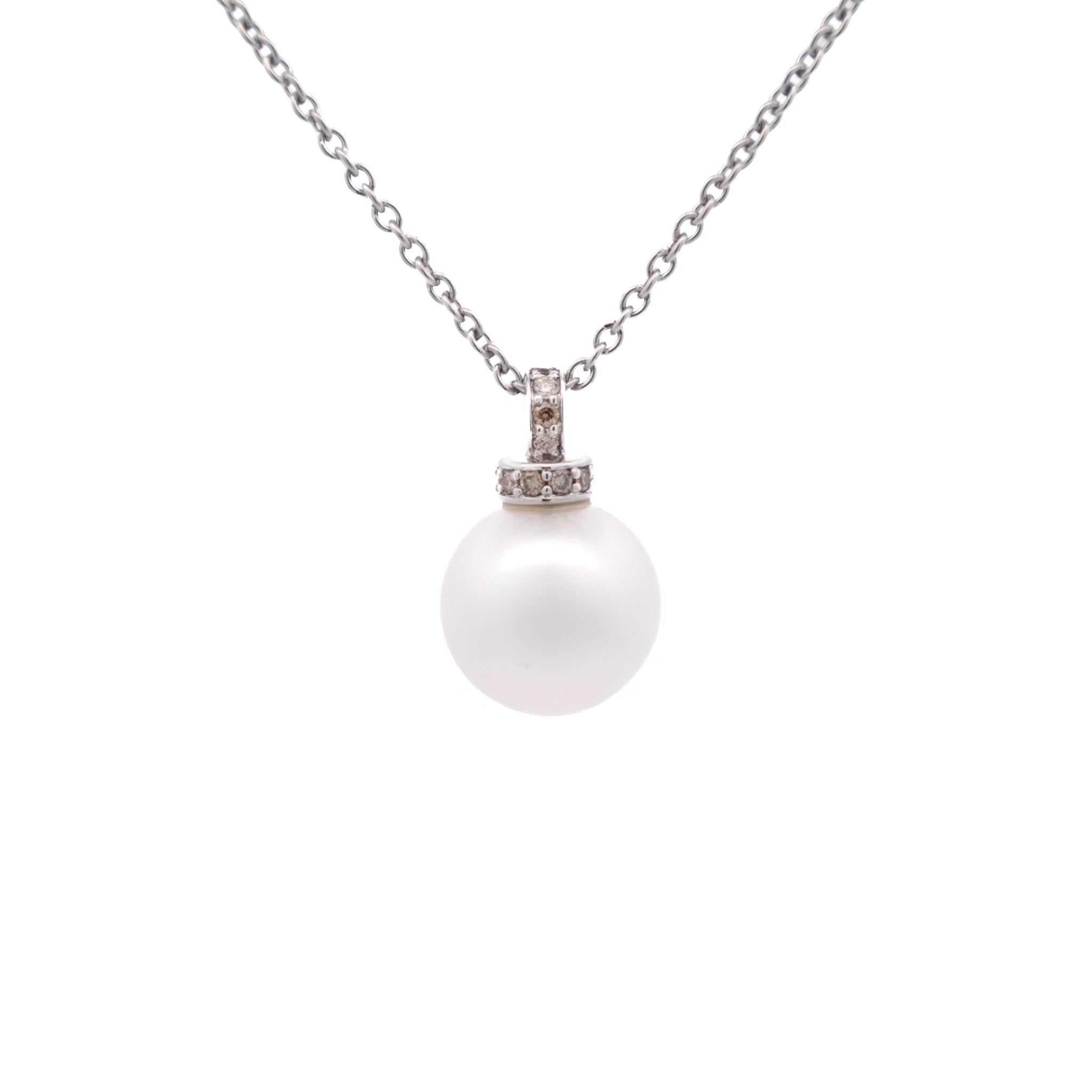 9K White Gold Australian South Sea 11-12 mm Cultured Pearl & Diamond Pendant front view
