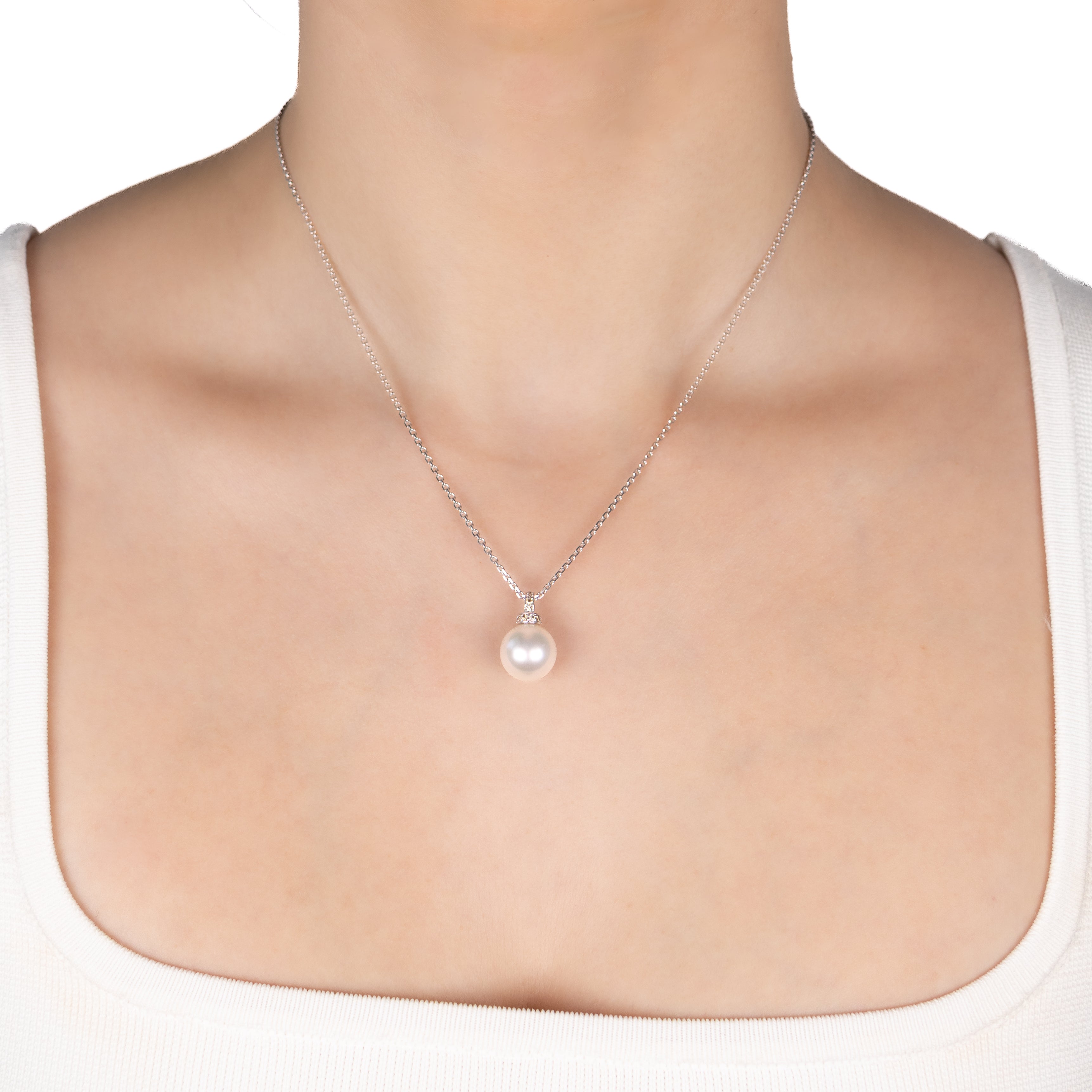 9K White Gold Australian South Sea 11-12 mm Cultured Pearl and Diamond Pendant on a model