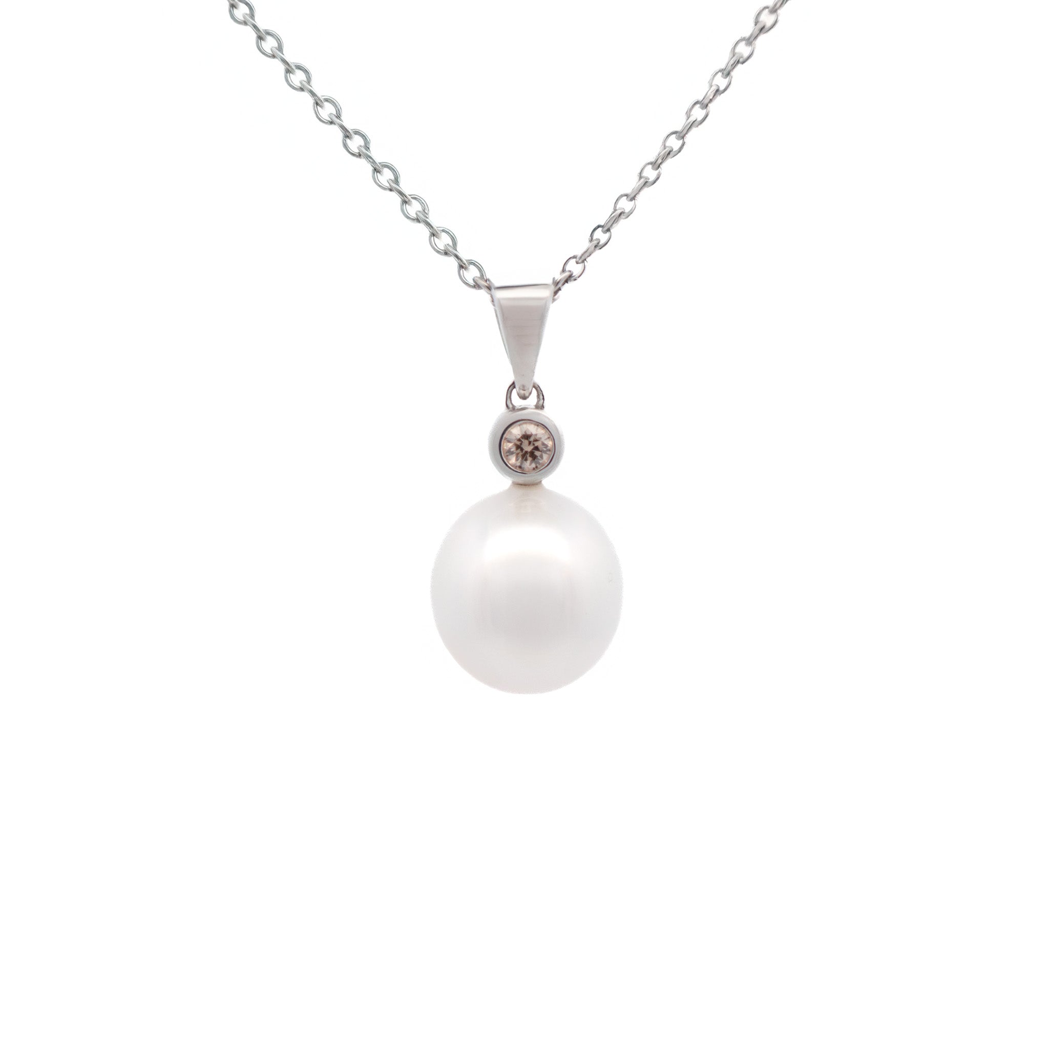 9K White Gold Australian South Sea 11-12 mm Cultured Pearl & Diamond Pendant front view