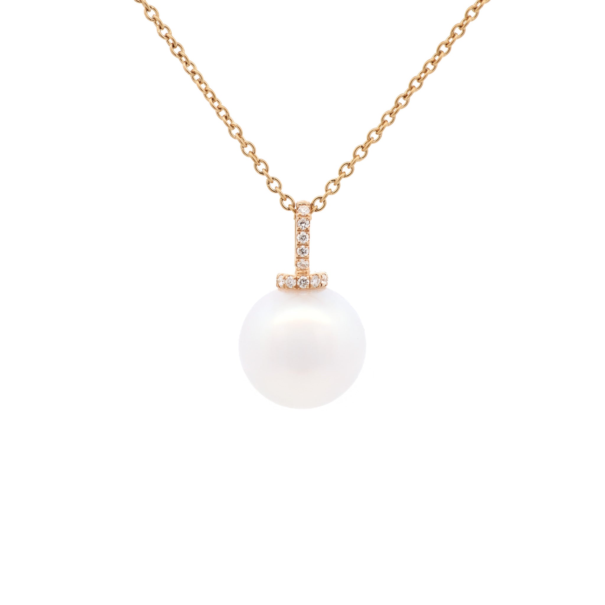 9K Yellow Gold Australian South Sea 13-14 mm Cultured Pearl and Diamond Pendant front view