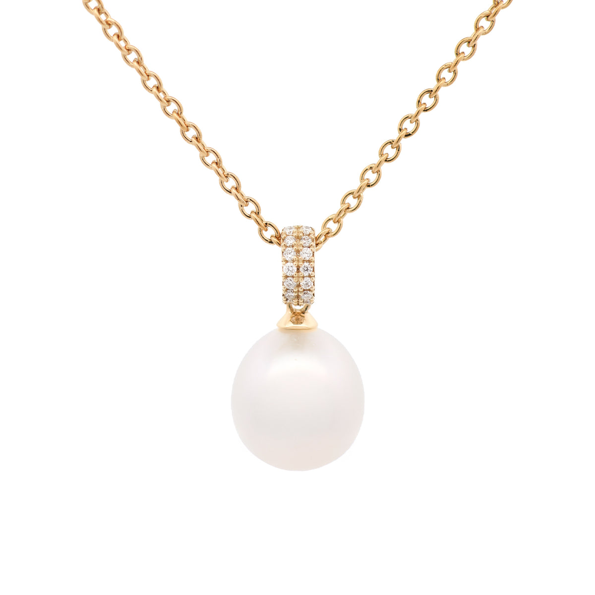 18K Yellow Gold Australian South Sea 10-11 mm Cultured Pearl and Diamond Pendant front view