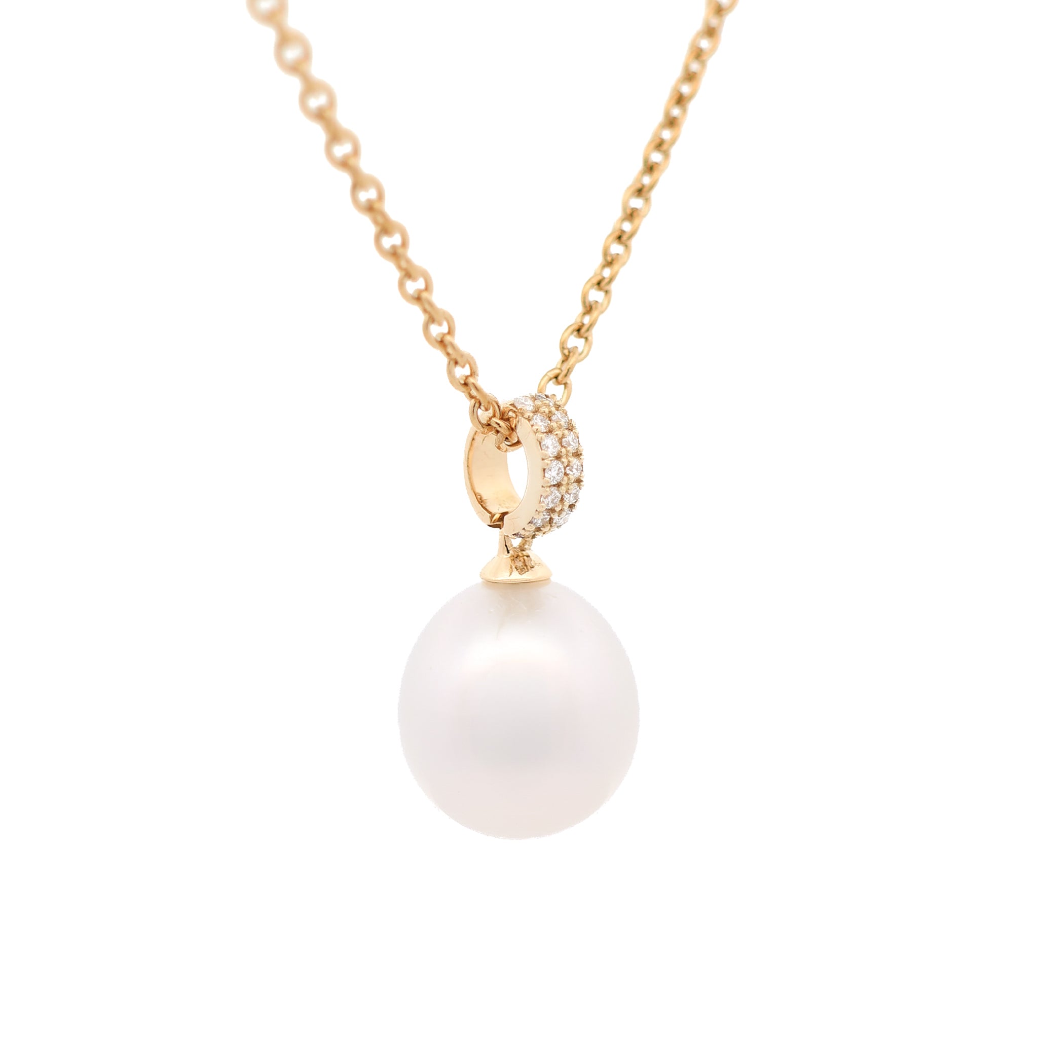 18K Yellow Gold Australian South Sea 10-11 mm Cultured Pearl and Diamond Pendant side view