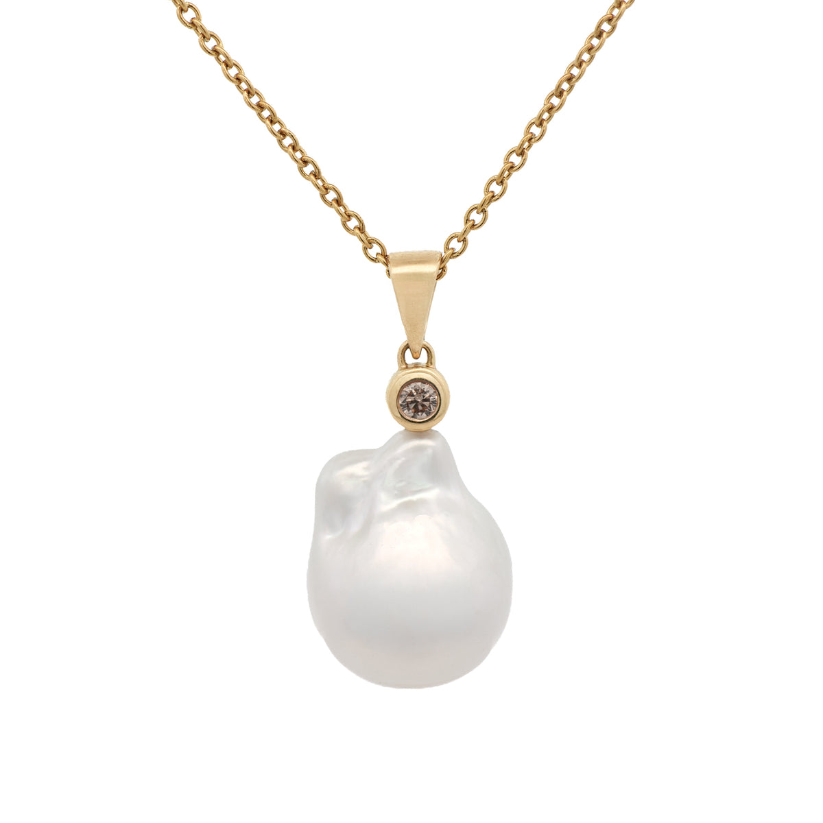 9K Yellow Gold Australian South Sea Cultured 14-15mm Pearl and Argyle Diamond Pendant front view