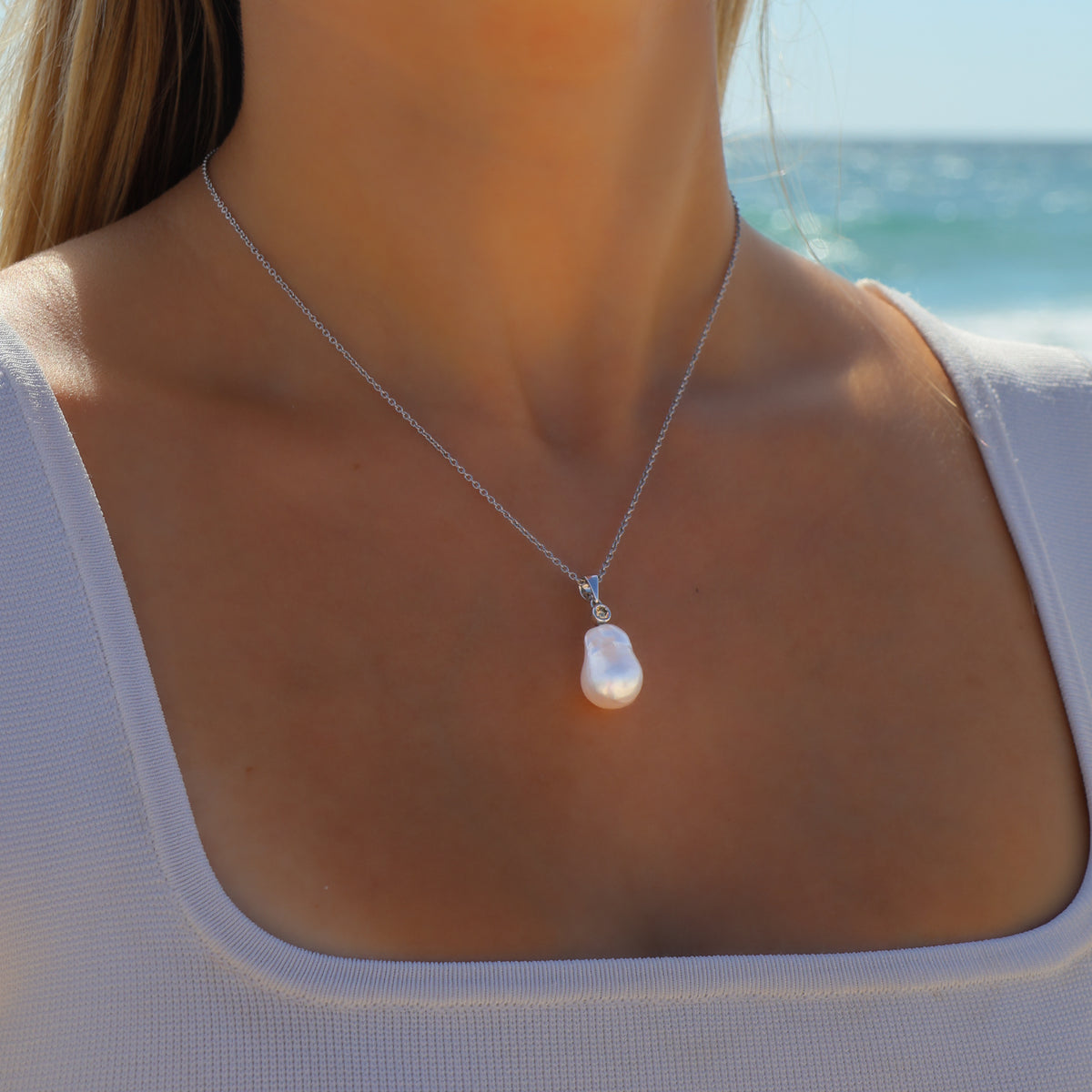 9K White Gold Australian South Sea 13-14 mm Cultured Pearl Pendant on model