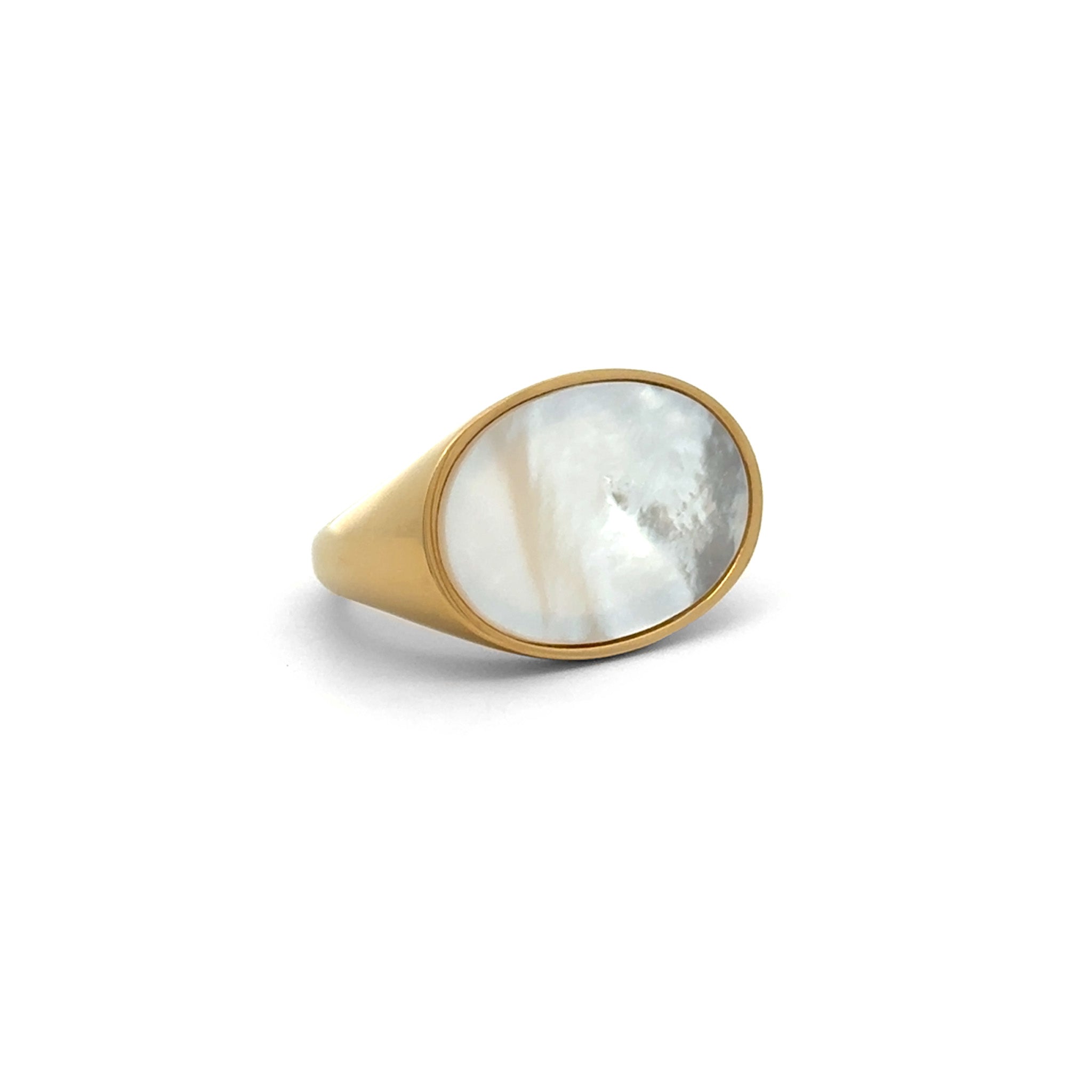 Gold Plated Stainless Steel White Mother Of Pearl Oval Ring front view