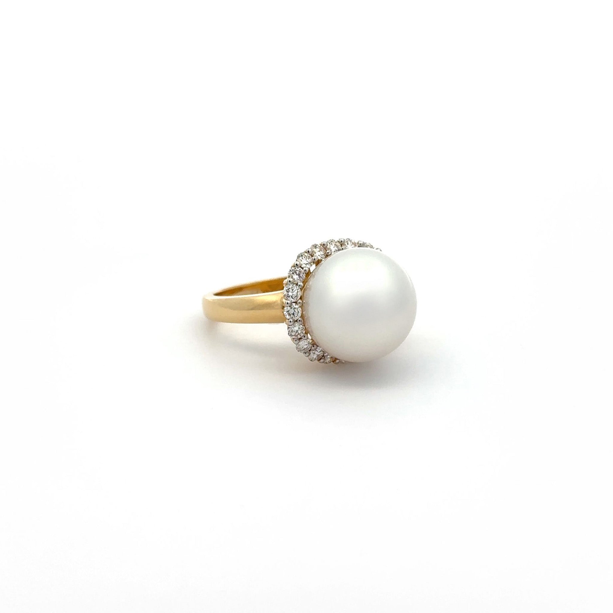 18K Yellow Gold Australian South Sea 12-13mm Cultured Pearl and Diamond Ring front view