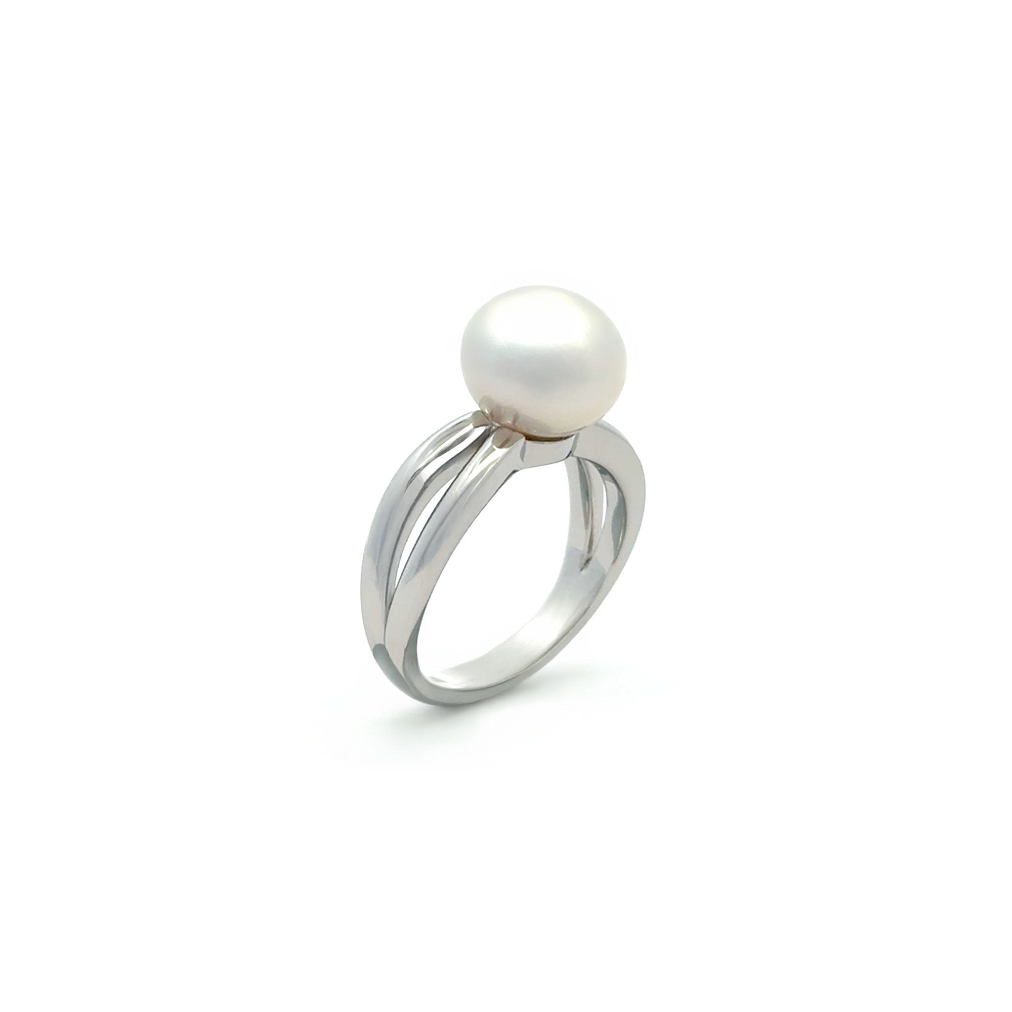 Sterling Silver Australian South Sea 10-11 mm Cultured Pearl and Diamond Ring upright on white background