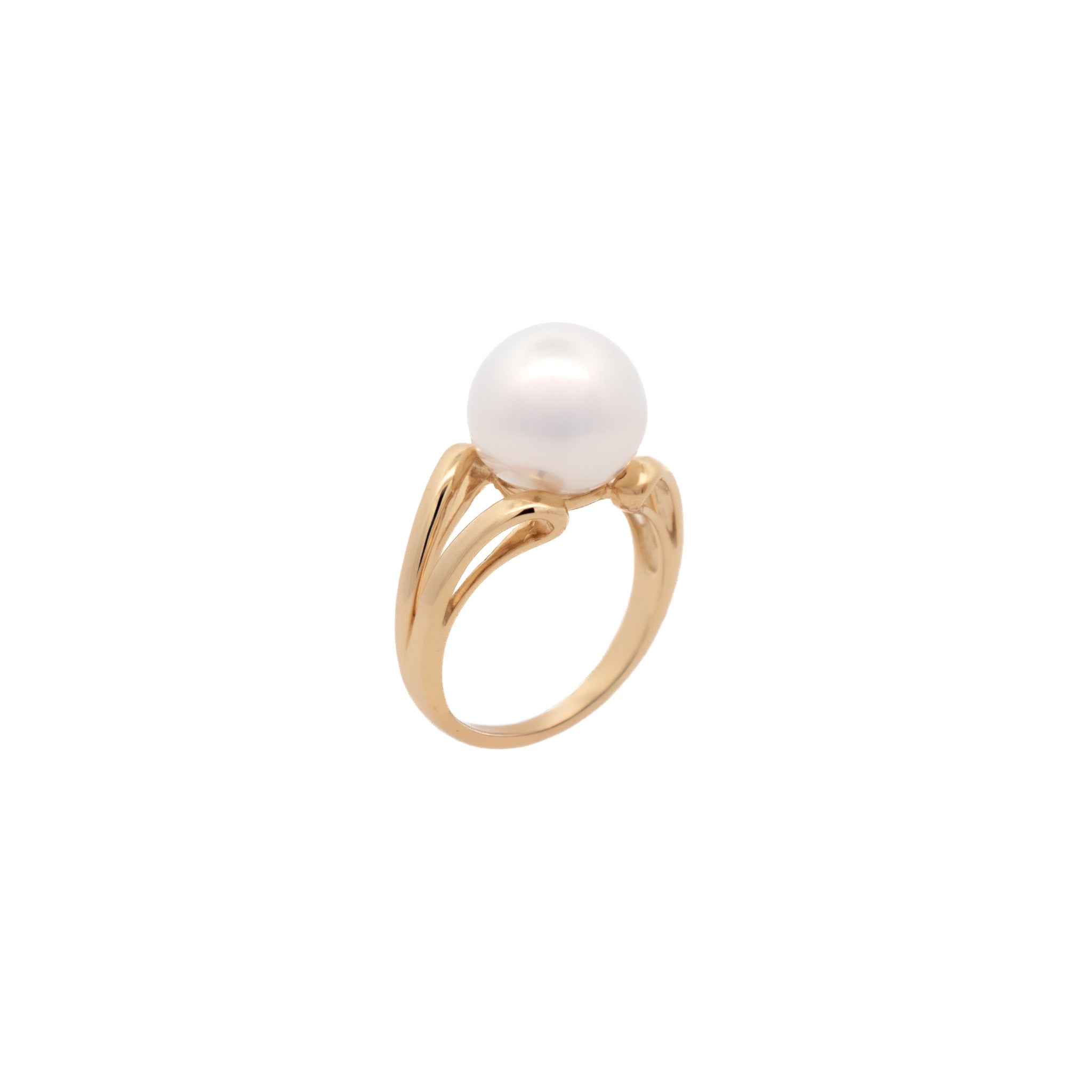 Standing view of9K Yellow Gold Australian South Sea 11-12mm Cultured Pearl Ring on a white background 