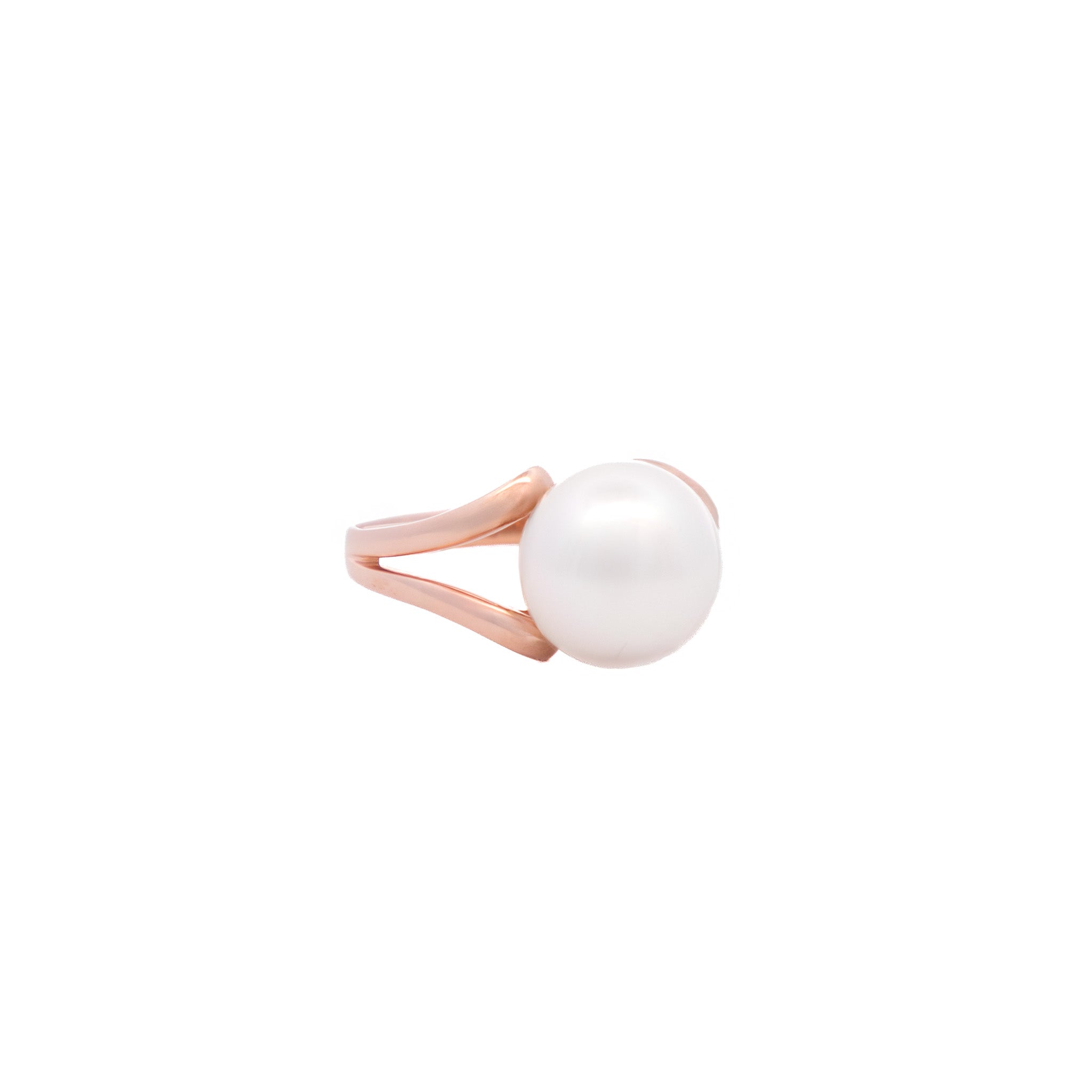 Side view of 9K Rose Gold Australian South Sea 11-12mm Cultured Pearl Ring on a white background