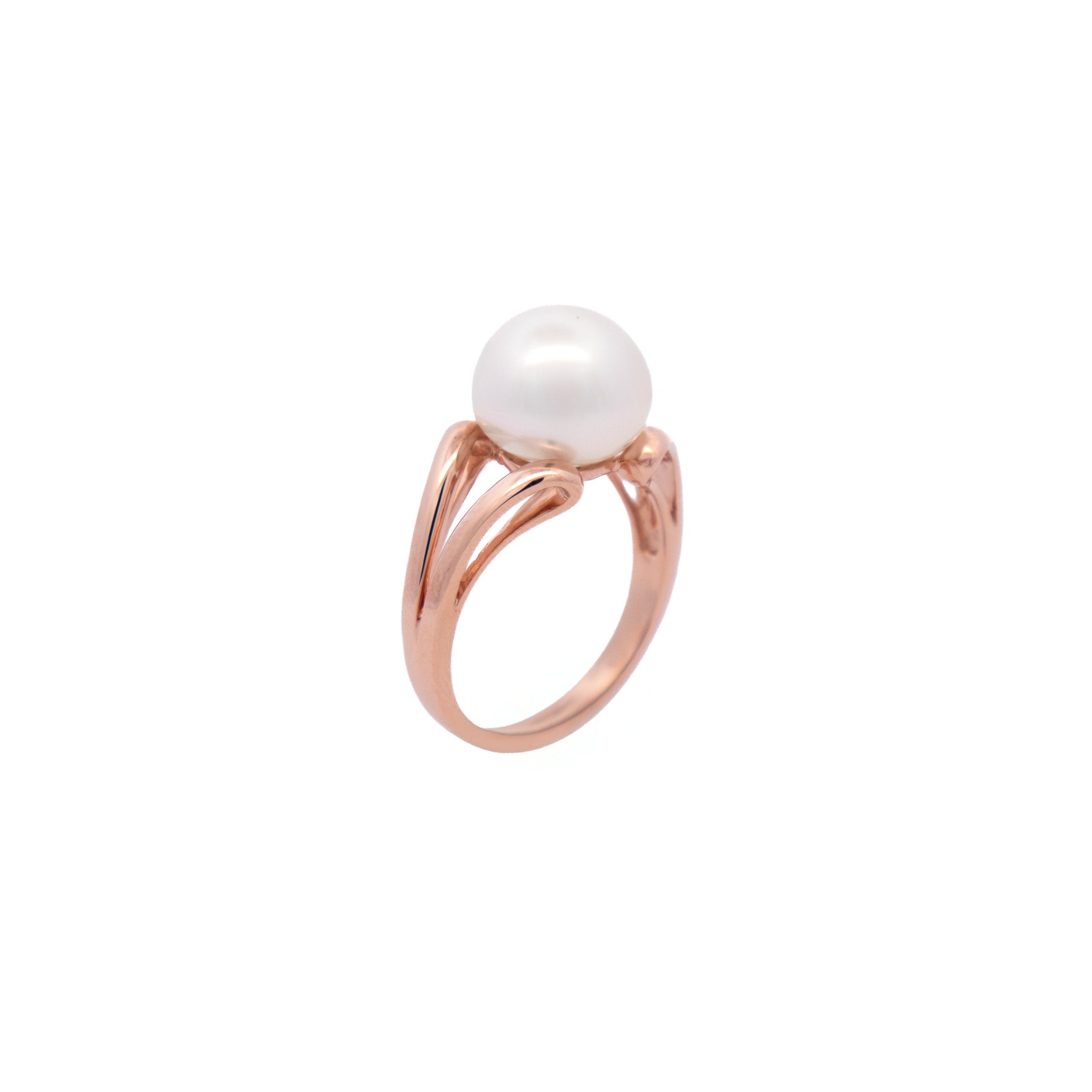 Standing view of 9K Rose Gold Australian South Sea 11-12mm Cultured Pearl Ring on a white background