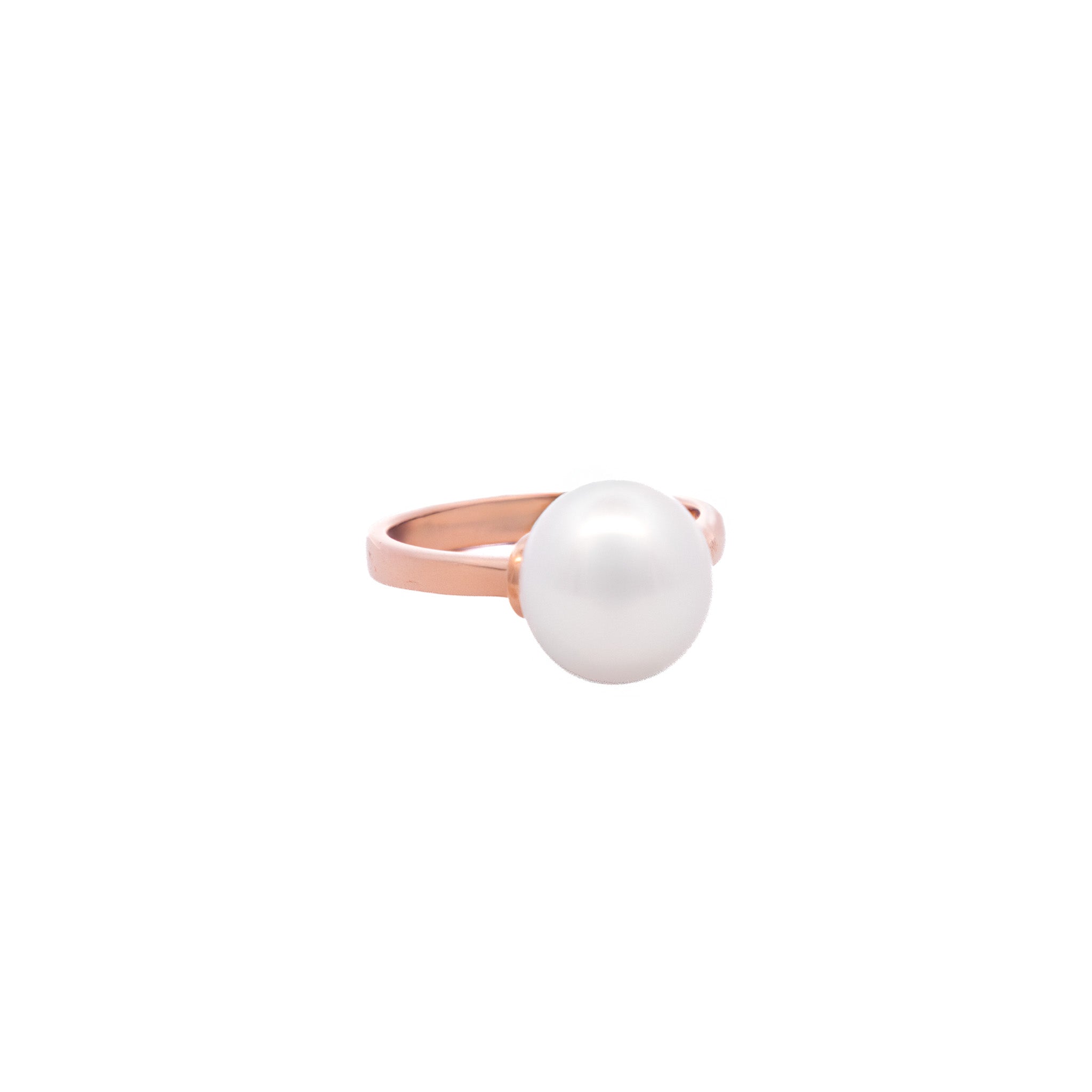 Side view of a lying down 9K Rose Gold Australian South Sea 9-10mm Cultured Pearl Ring on a white background