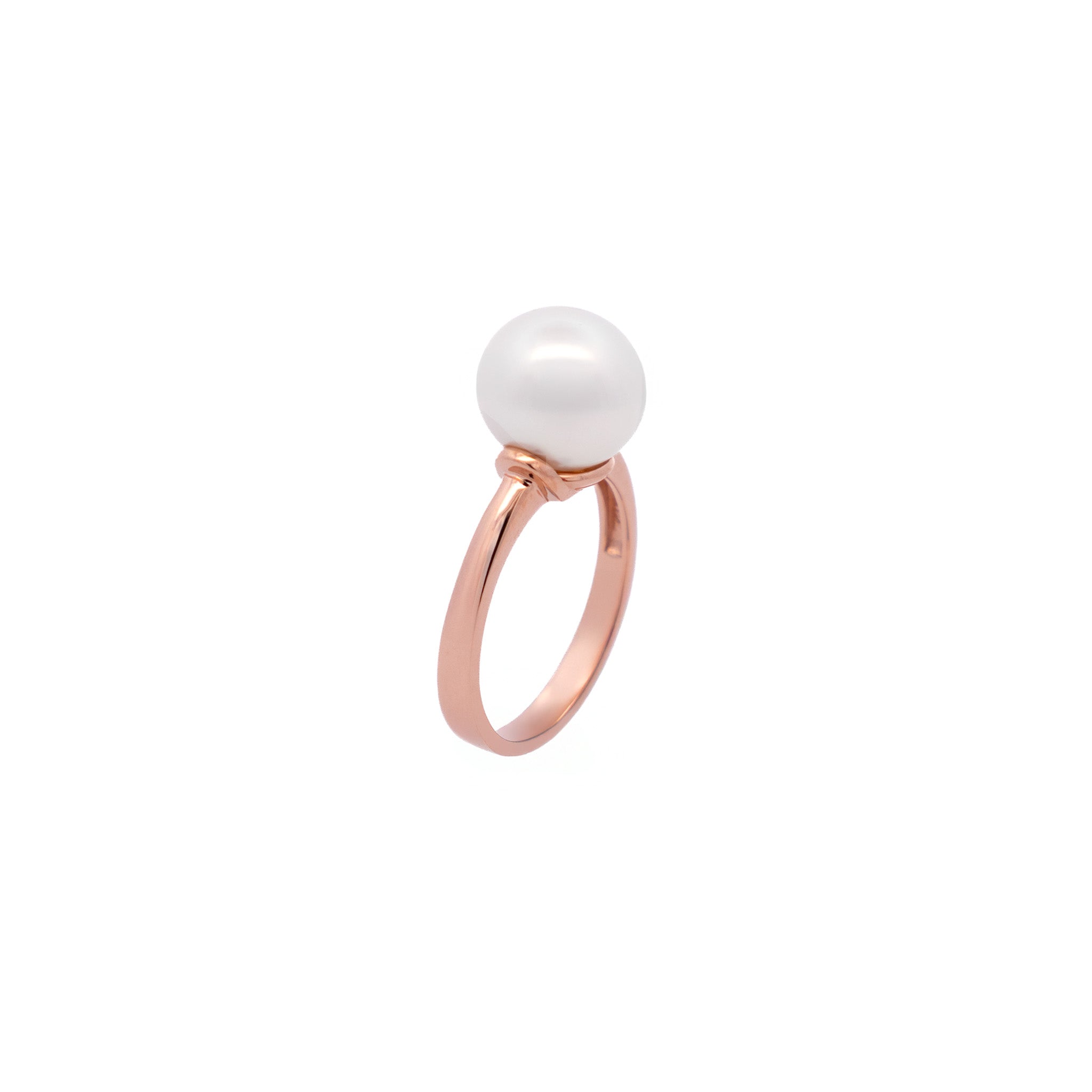 Standing view of a lying down 9K Rose Gold Australian South Sea 9-10mm Cultured Pearl Ring on a white background