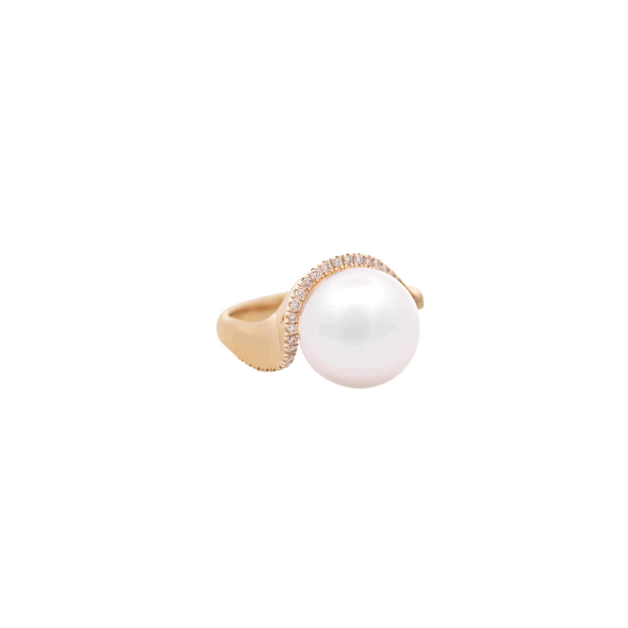 Front view of 9K Yellow Gold Australian South Sea 12-13mm Cultured Pearl and Diamond Ring on a white background