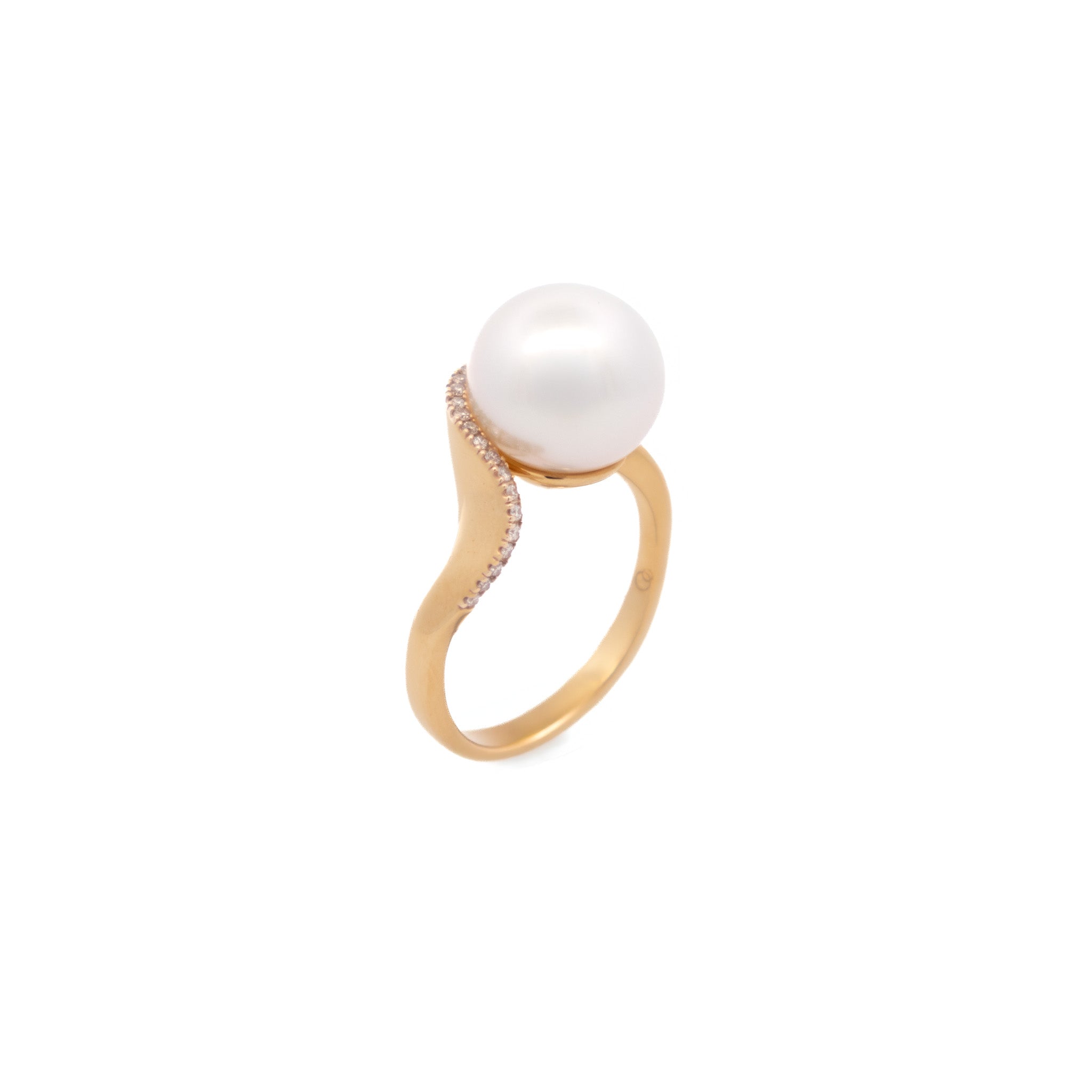 Side view of 9K Yellow Gold Australian South Sea 12-13mm Cultured Pearl and Diamond Ring on a white background