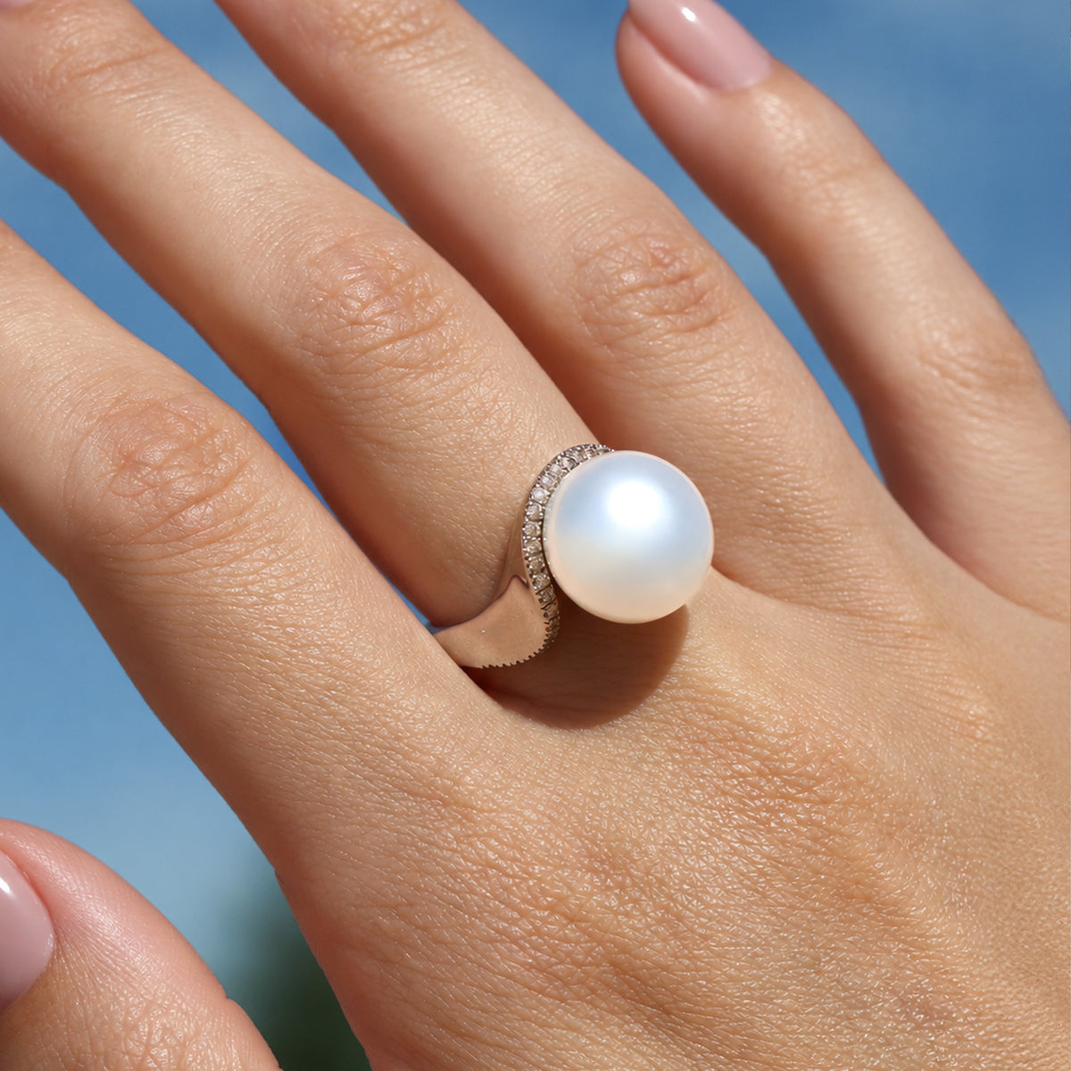 9K White Gold Australian South Sea 12-13 mm Cultured Pearl and Argyle Diamond Ring model