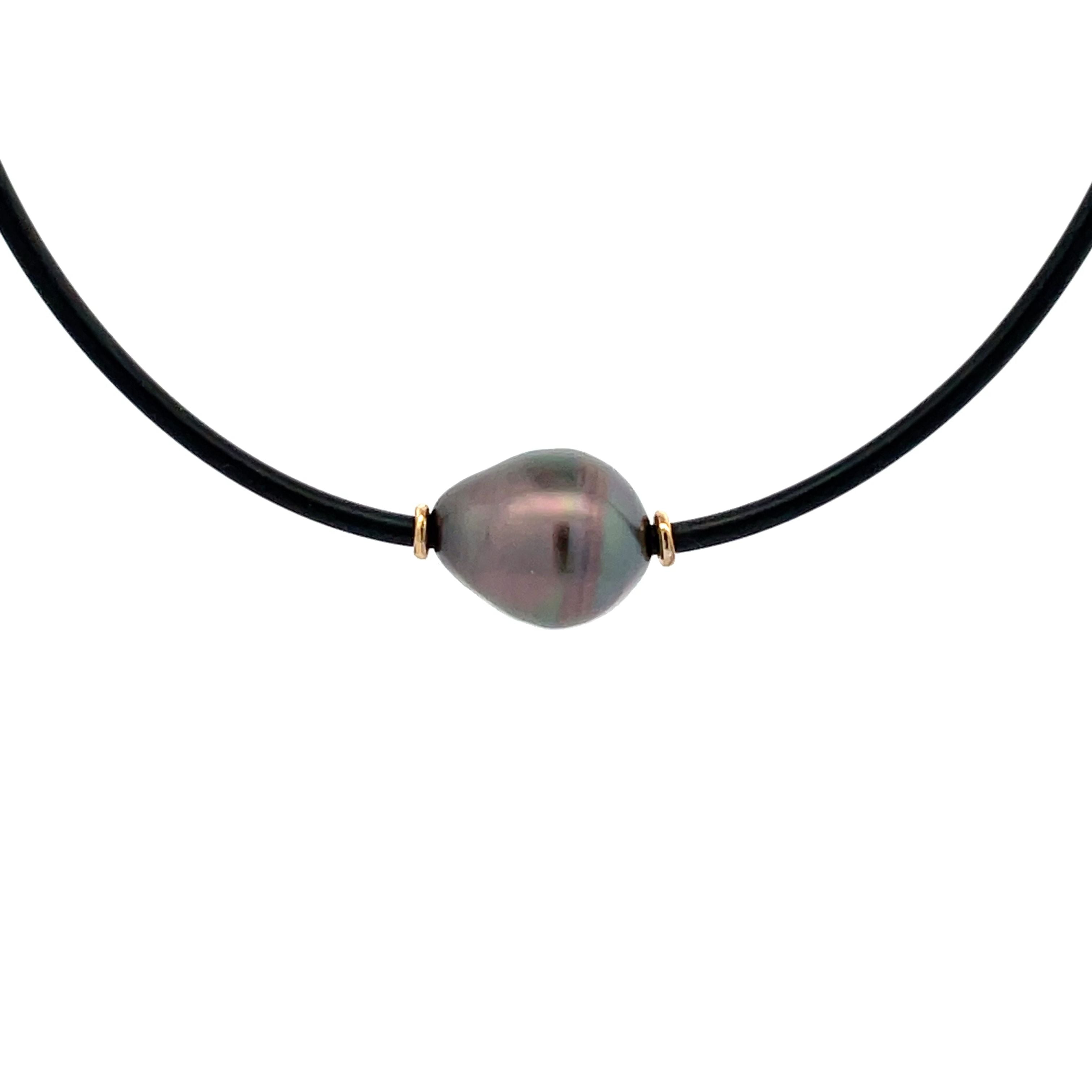 9K Yellow Gold Tahitian Cultured 12 -13mm Pearl Neoprene Necklace