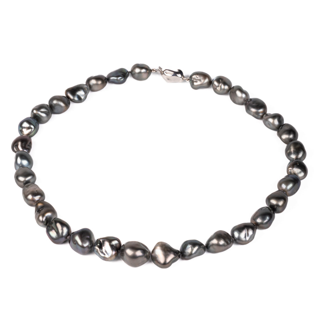 14K White Gold Tahitian 46 cm Cultured Pearl Strand flatlay on white background