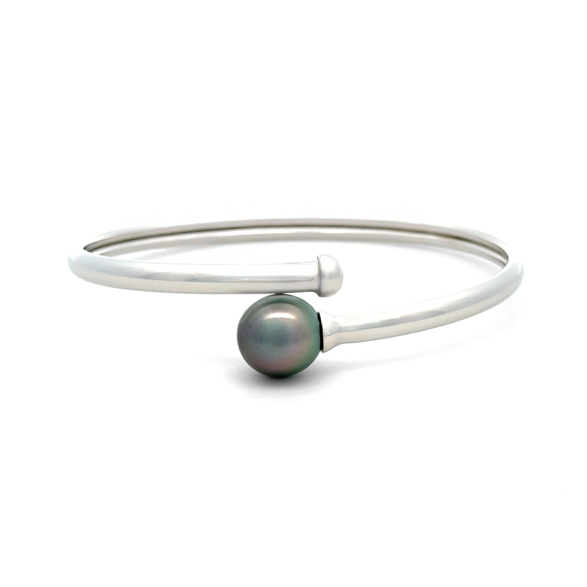 Sterling Silver Tahitian 10-11 mm Cultured Pearl Bangle front view on white background