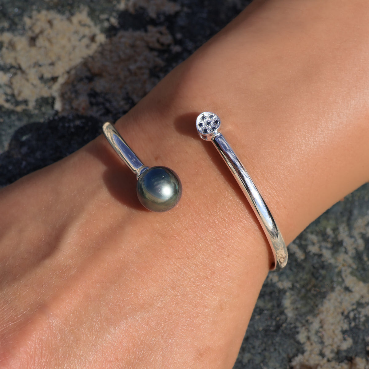 Sterling Silver Tahitian 12-13 mm Cultured Pearl and Black Diamond Bangle on model