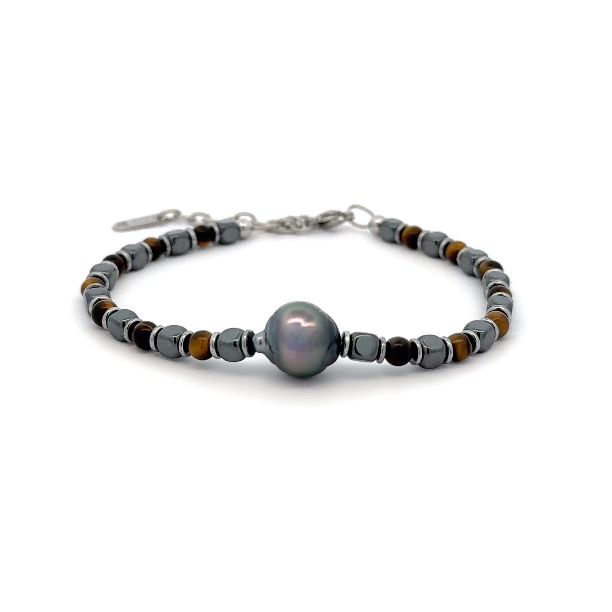Tahitian Pearl and Silver/Black/Yellow Tiger Eye Natural Stone Bracelet