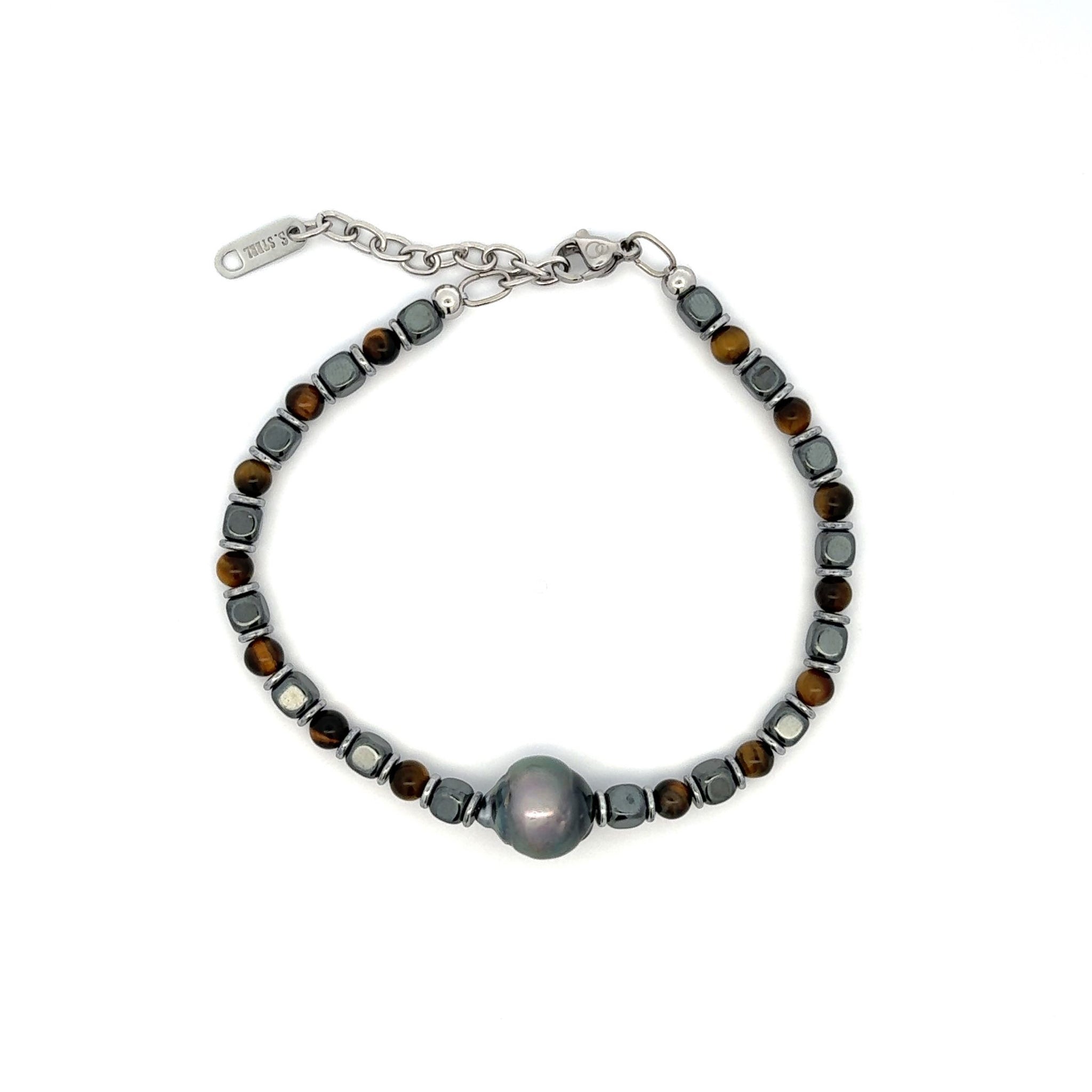 Tahitian Pearl and Silver/Black/Yellow Tiger Eye Natural Stone Bracelet